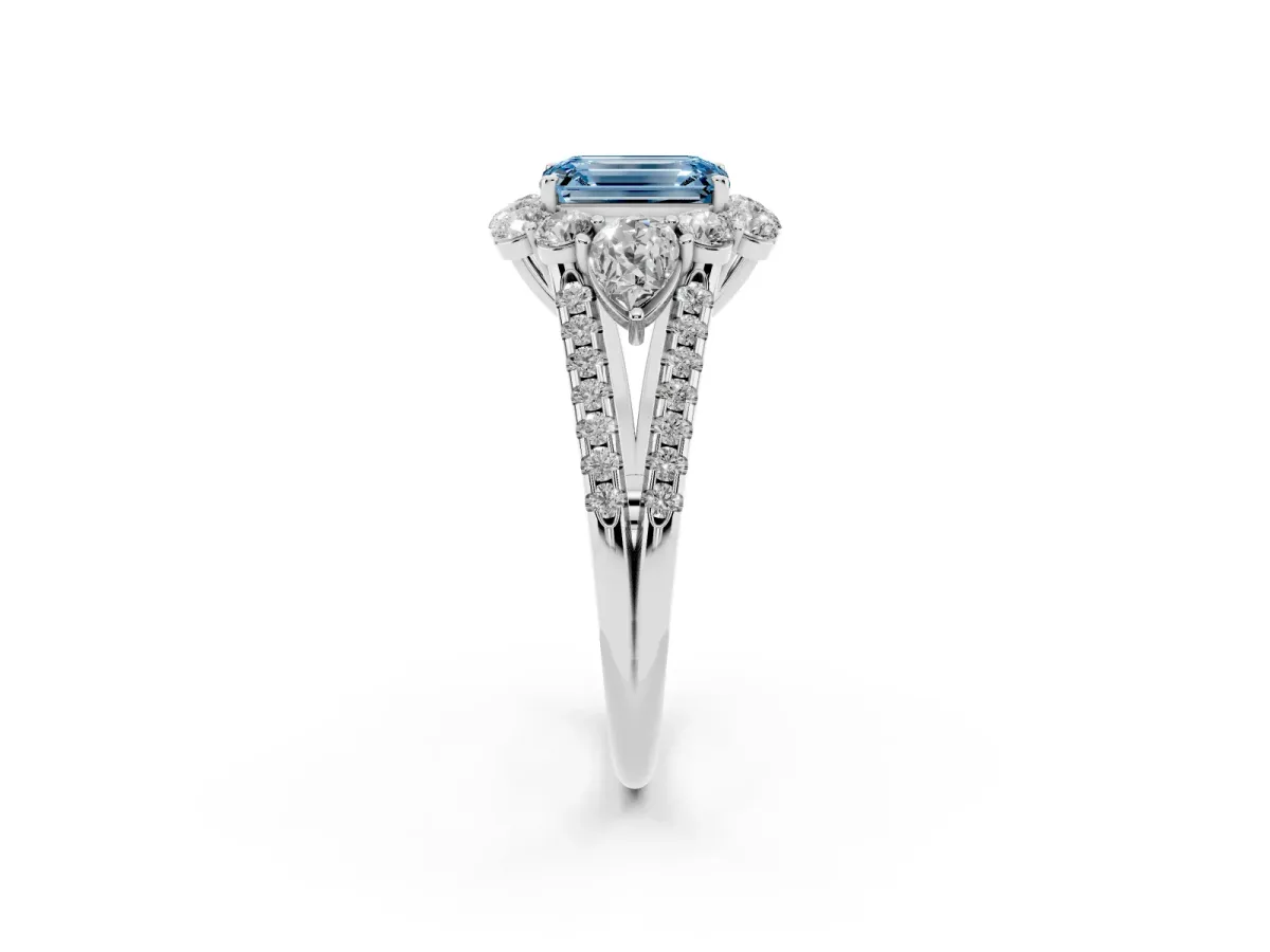 Fancy Blue Emerald Cut Halo Split Shank Diamond Engagement Ring with Prong Setting Silver