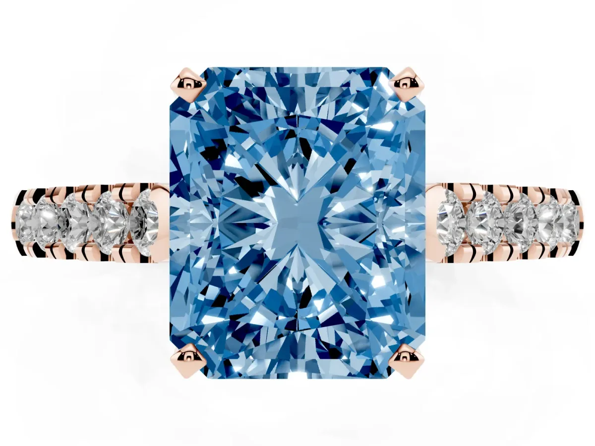 Fancy Blue Radiant Cut Diamond Pavé Band Solitaire Ring with Prong Setting Rose gold