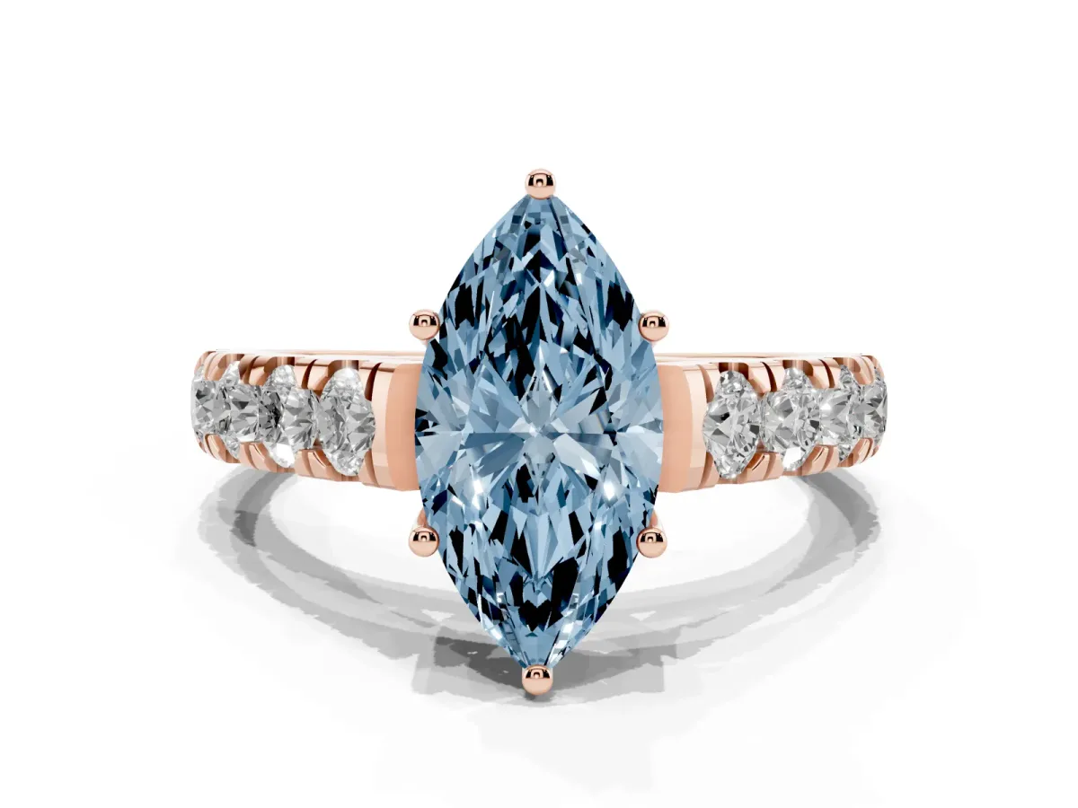 Fancy Blue Marquise Cut Cut Diamond Solitaire Ring with Micro Pave Band and Prong Setting Rose gold