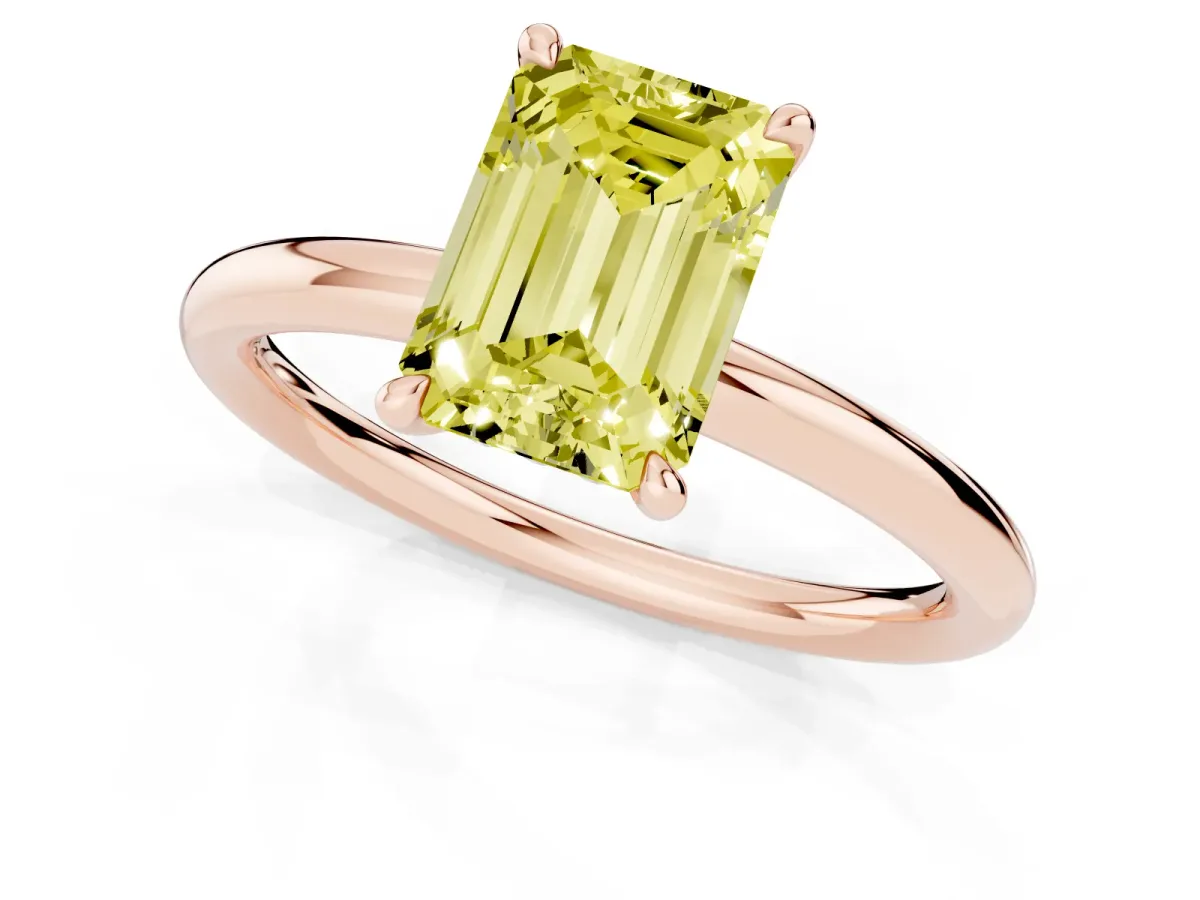 Fancy Yellow Emerald Cut Diamond Solitaire Ring with Thin Band and Four-Prong Setting Rose gold