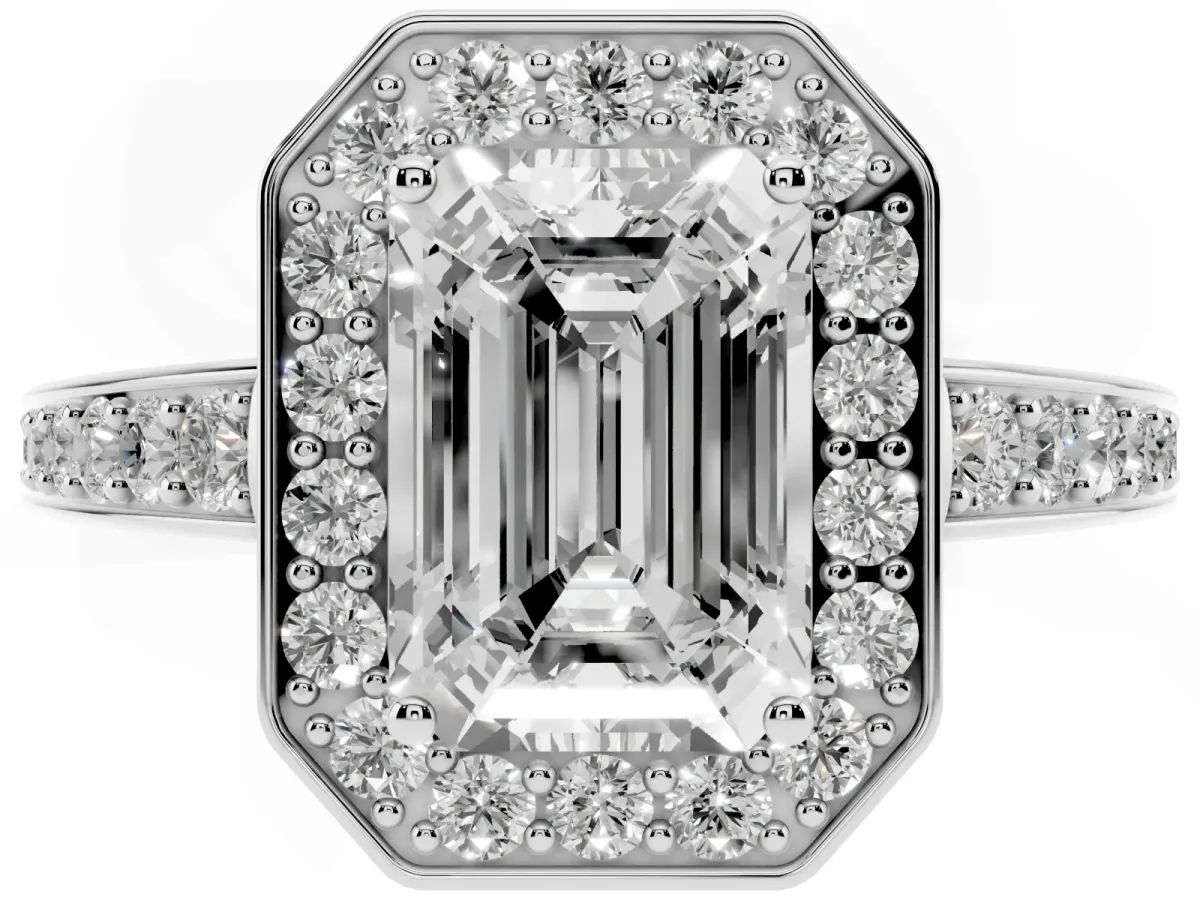 Emerald Cut Halo Pavé Diamond Engagement Ring with Bezel Setting Silver