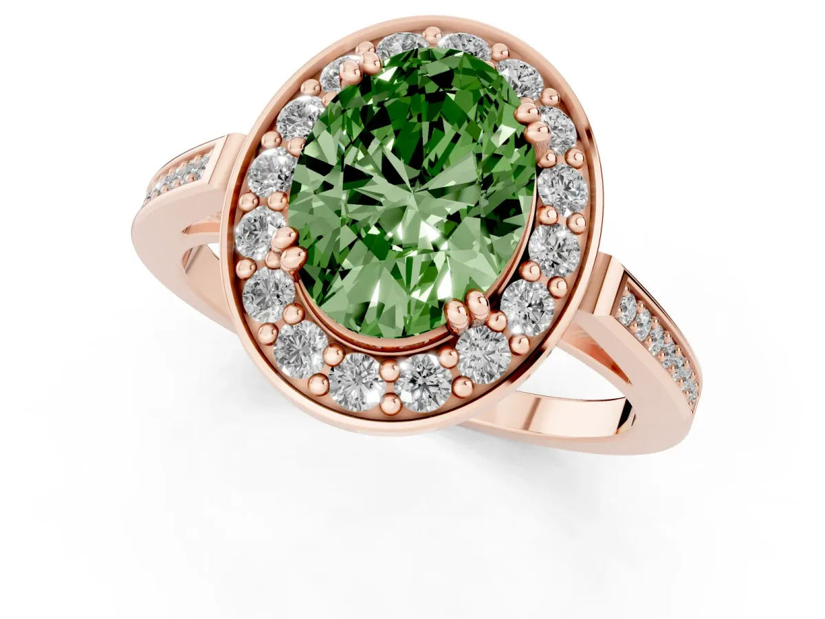 Fancy Green Oval Cut Diamond Halo Ring with Split Shank and Four-Prong Setting Rose gold