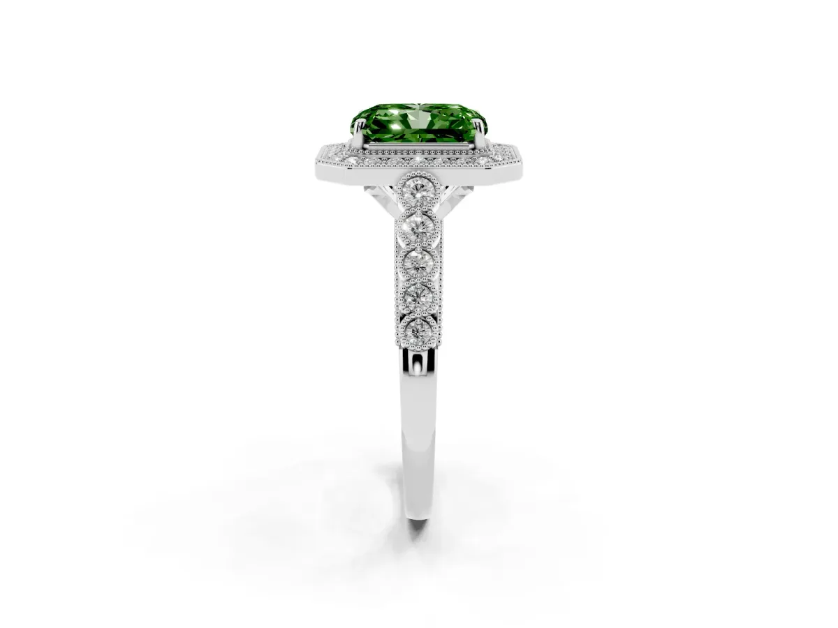 Fancy Green Radiant Cut Halo Milgrain Solitaire with Bezel Set Side Stones and Pave Band Silver