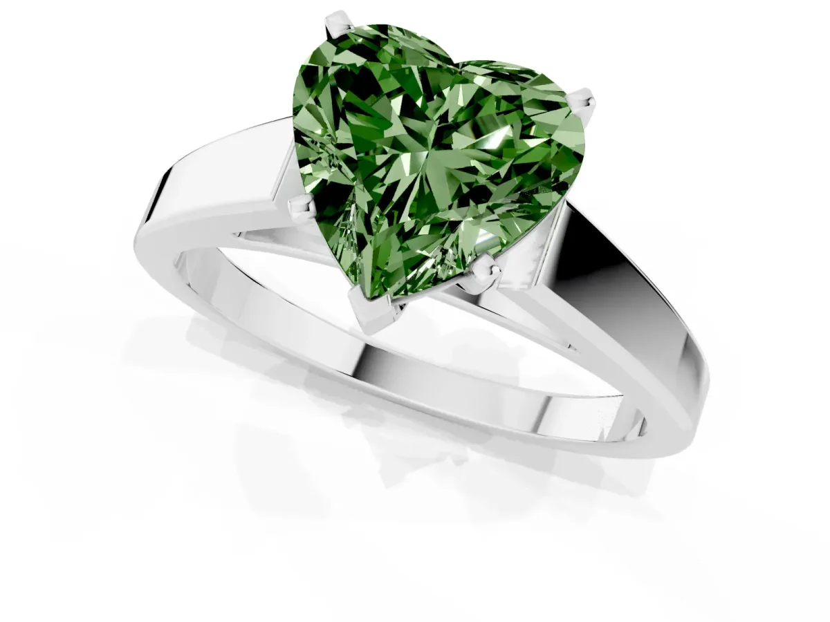 Fancy Green Heart Cut Solitaire Engagement Ring with Four-Prong Setting and Tapered Band Silver
