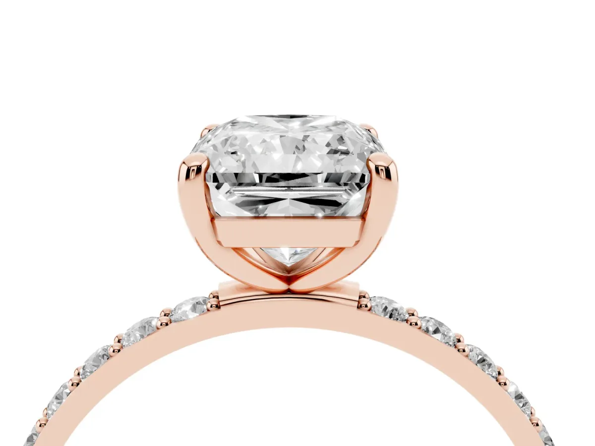 Radiant Cut Diamond Solitaire Ring with Round Pavé Band and Prong Setting Rose gold
