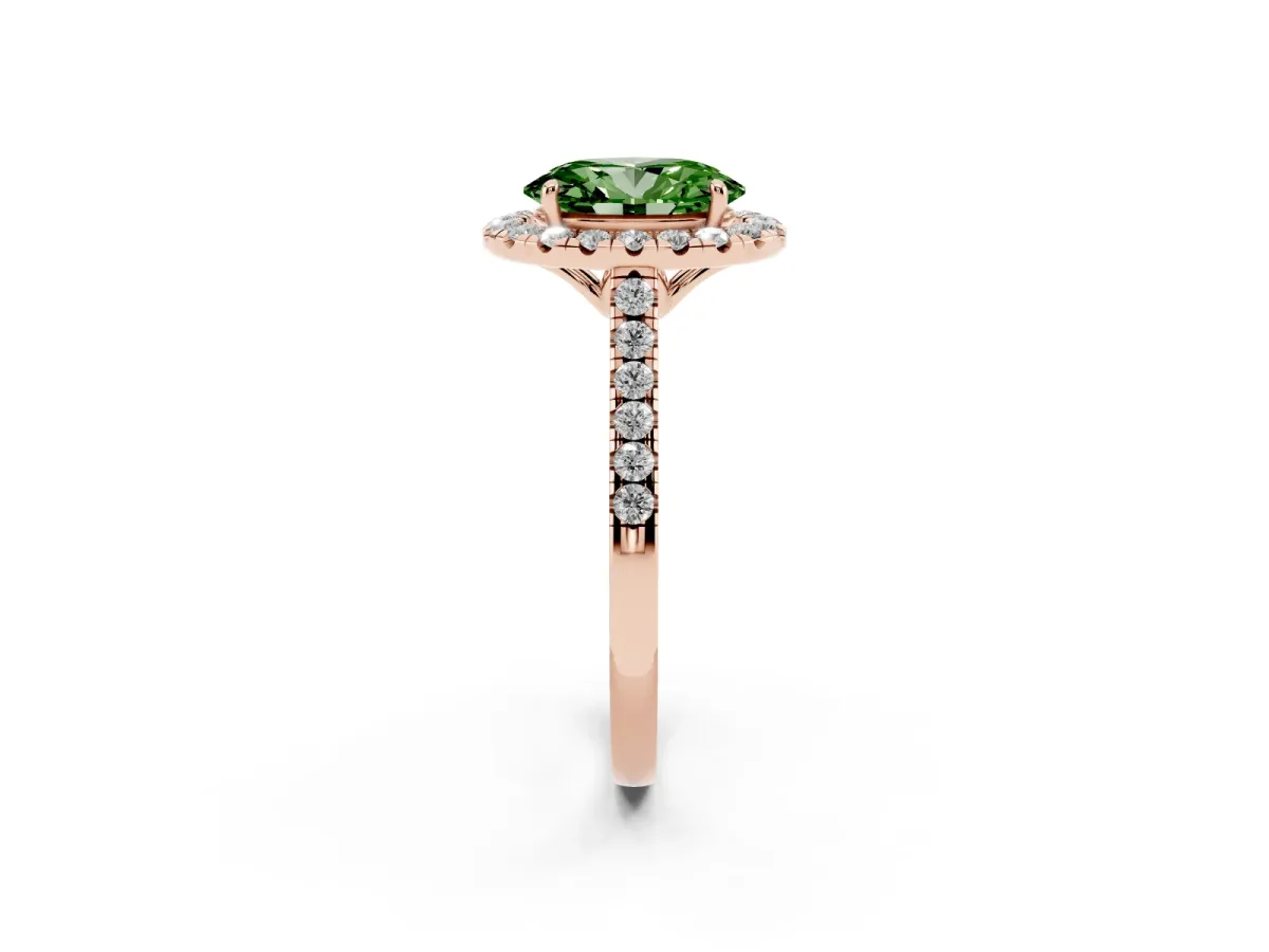 Fancy Green Oval Cut Halo Pavé Diamond Engagement Ring with Four-Prong Setting Rose gold