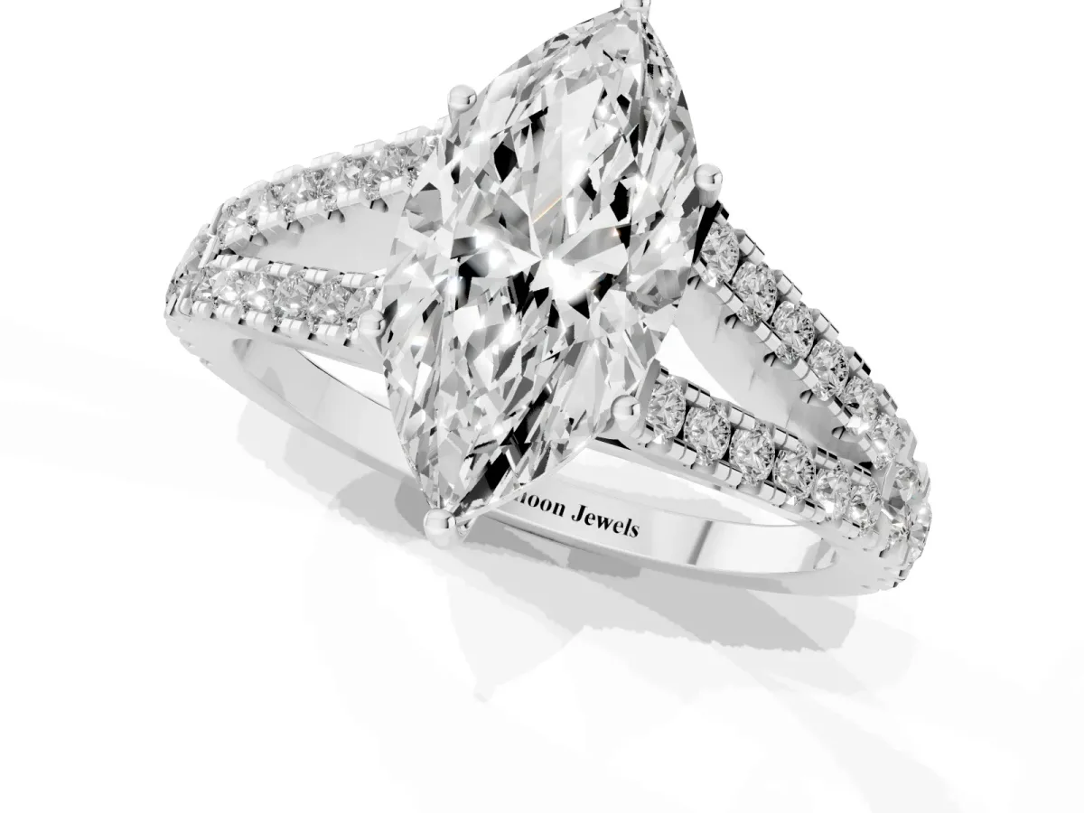 Marquise Cut Diamond Split Shank Engagement Ring with Round Pavé and Prong Setting Platinum