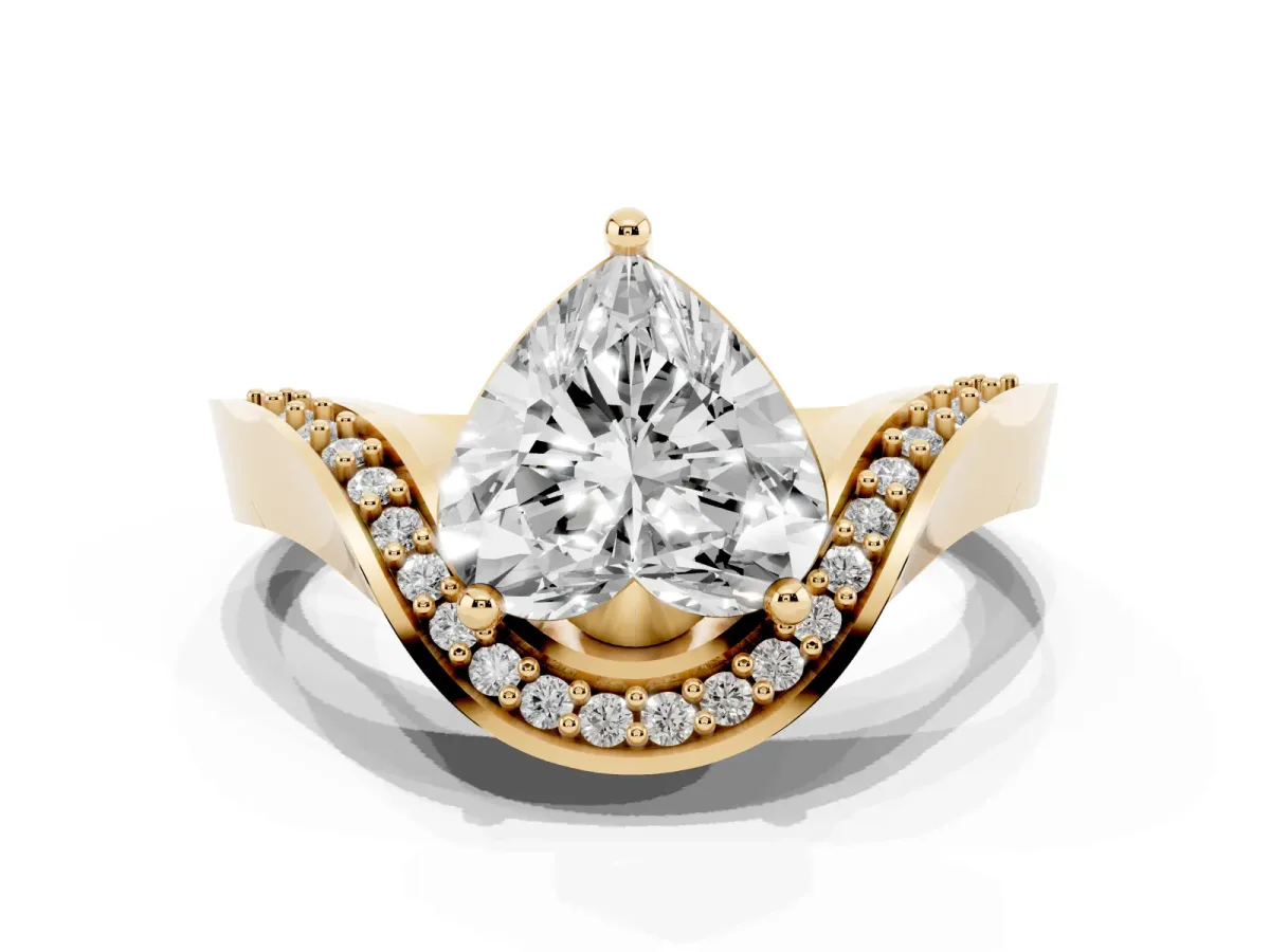 Heart Cut Solitaire Diamond Engagement Ring with Pave Band and Four-Prong Setting Yellow gold