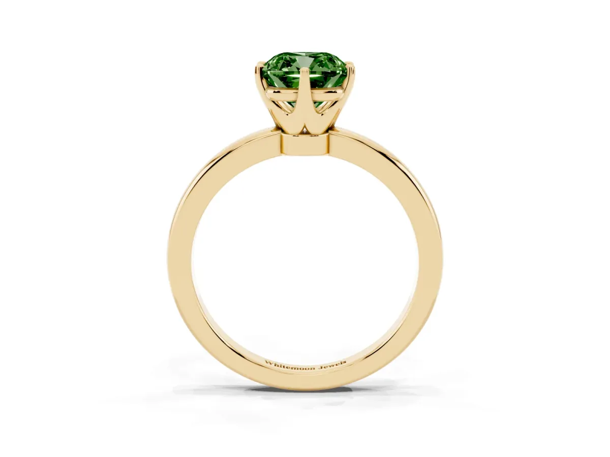 Fancy Green Cushion Cut Solitaire Diamond Ring with Six-Prong Setting on a Classic Band Yellow gold