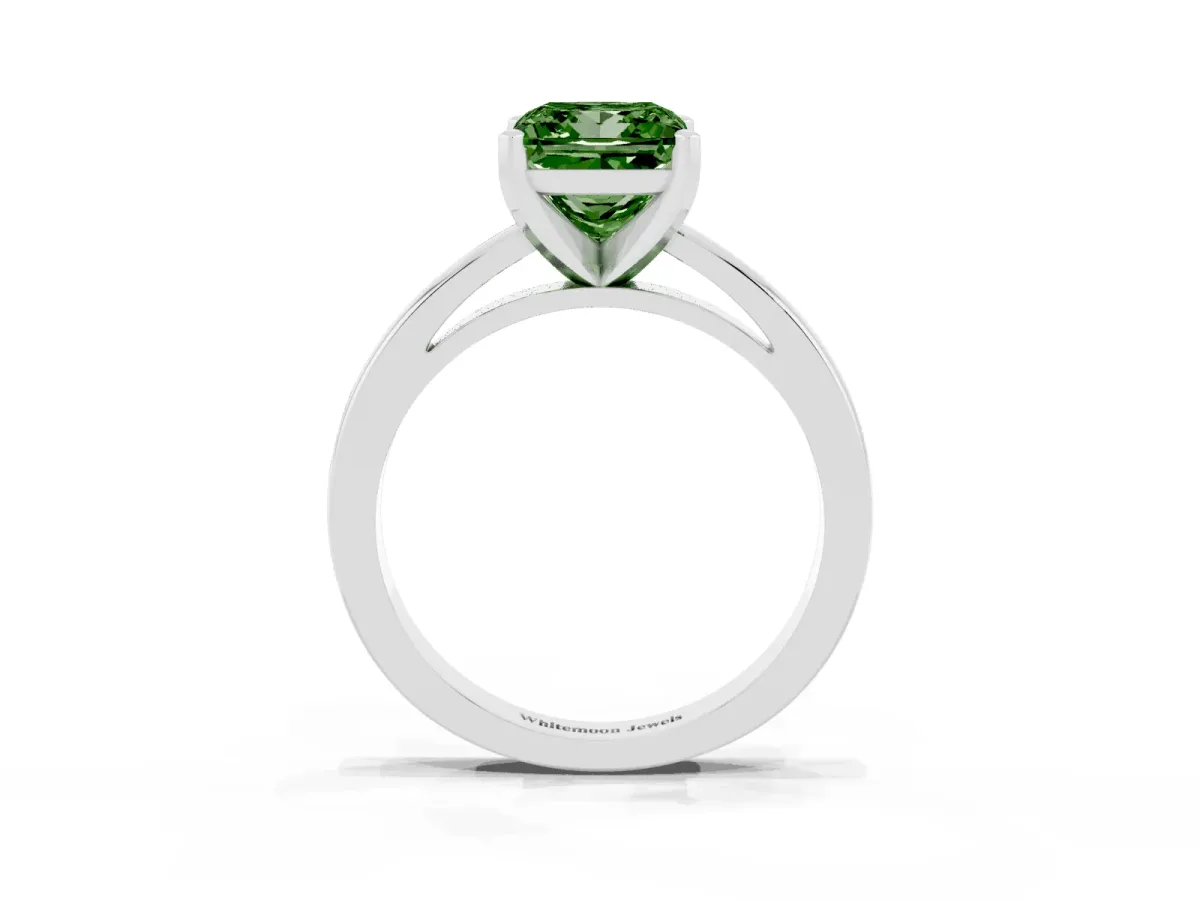 Fancy Green Princess Cut Solitaire Diamond Engagement Ring with Four-Prong Setting on a Classic Band Platinum