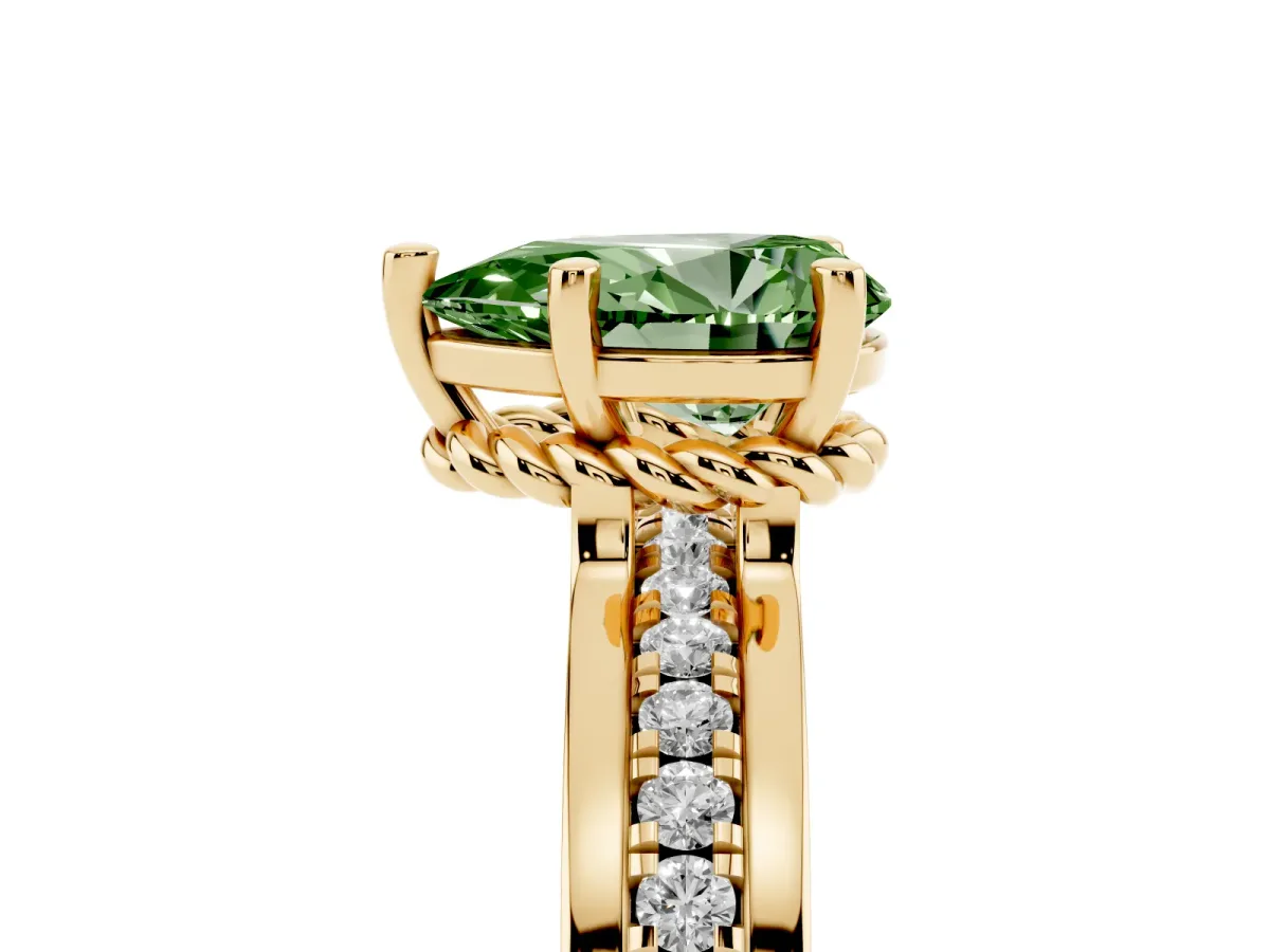 Fancy Green Pear Cut Solitaire Diamond Ring with Channel Set Band and Six-Prong Setting Yellow gold