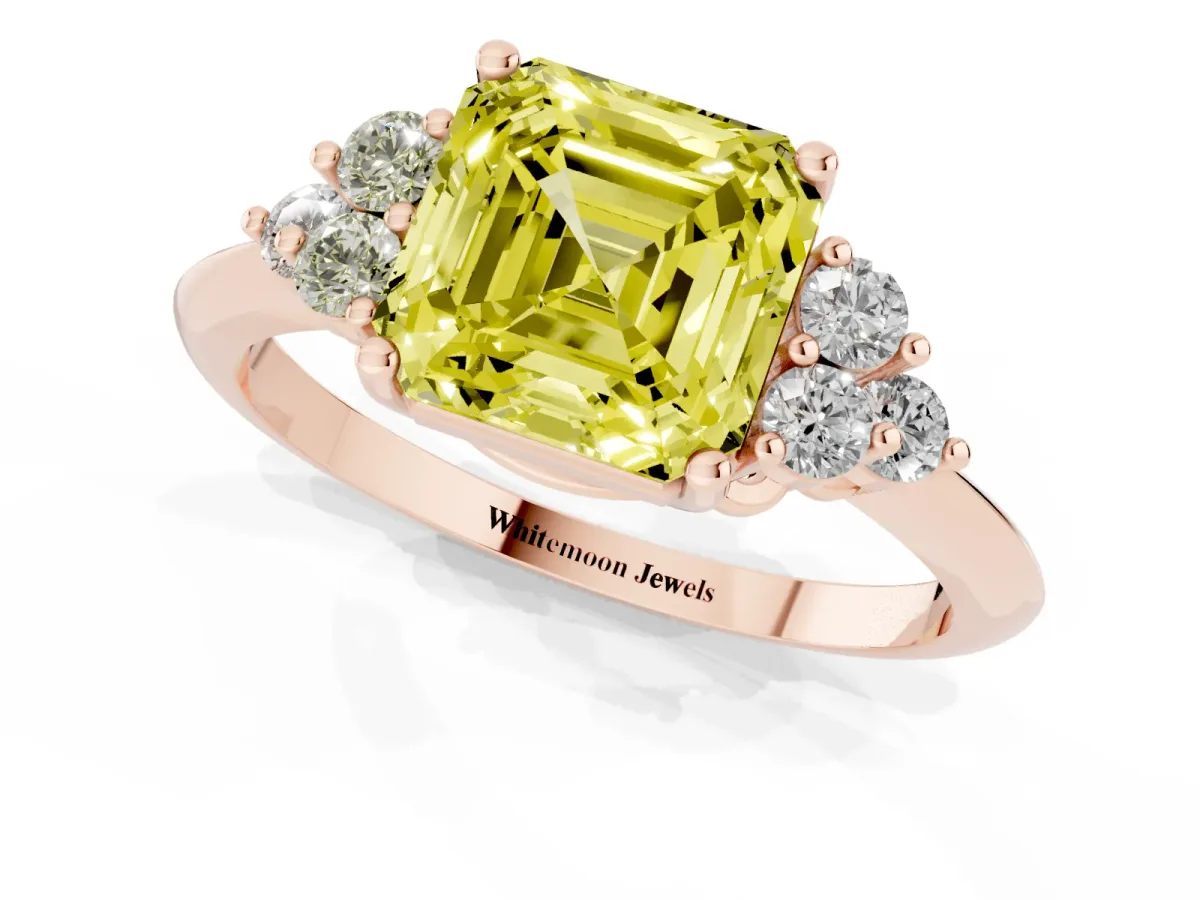 Fancy Yellow Asscher Cut Cut Diamond Cluster Ring with Solitaire Band and Four-Prong Setting Rose gold