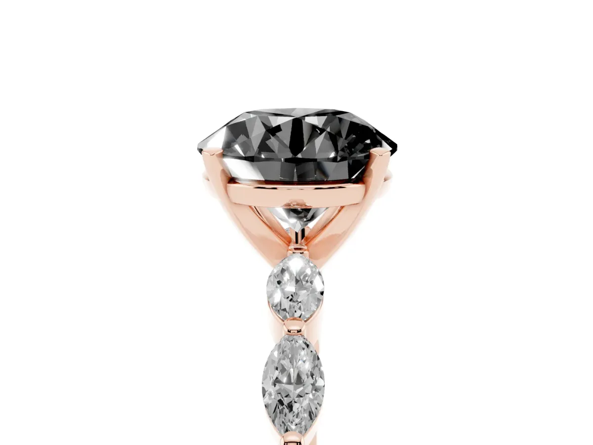 Fancy Black Round Cut Diamond Ring with Marquise Side Stones and Prong Setting Rose gold