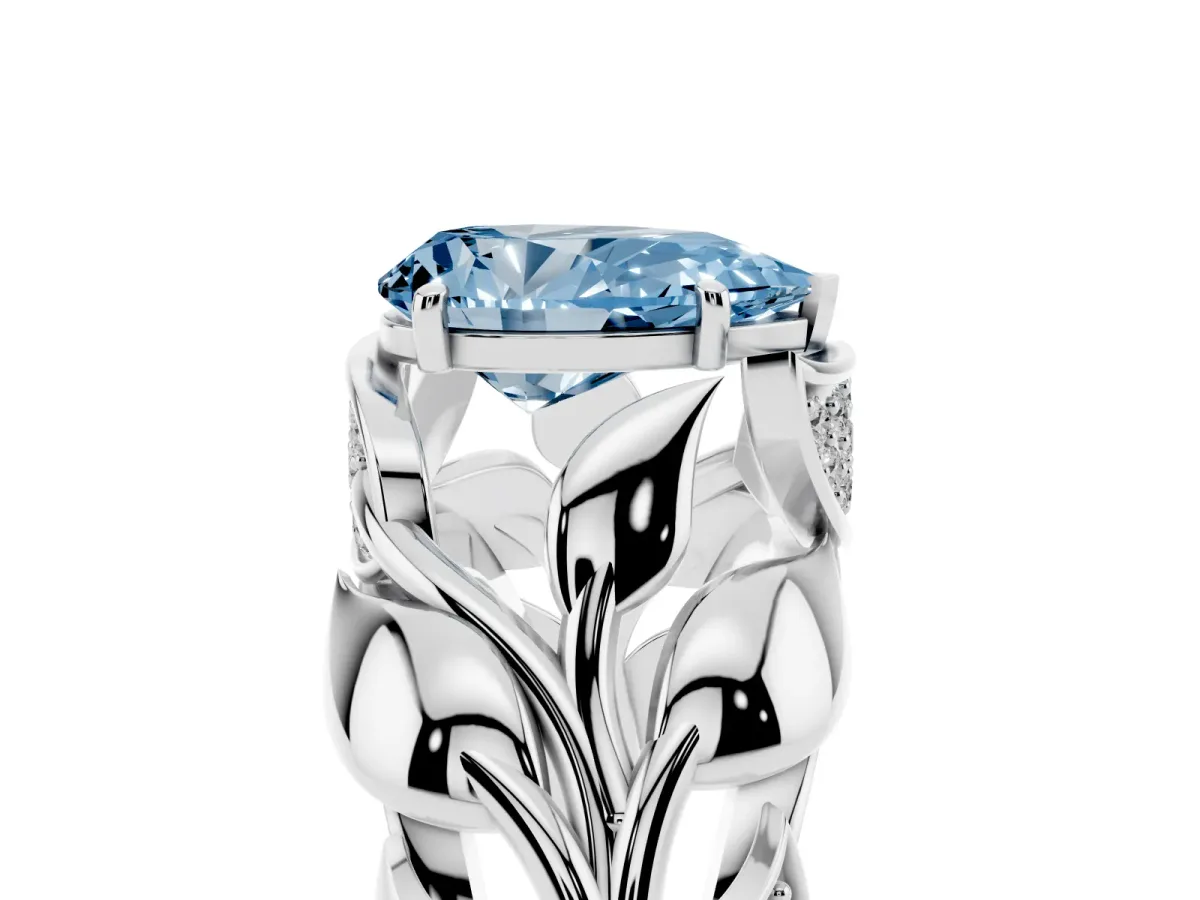 Fancy Blue Pear Cut Diamond Leaf-Inspired Engagement Ring with Round Accents and Prong Setting Silver