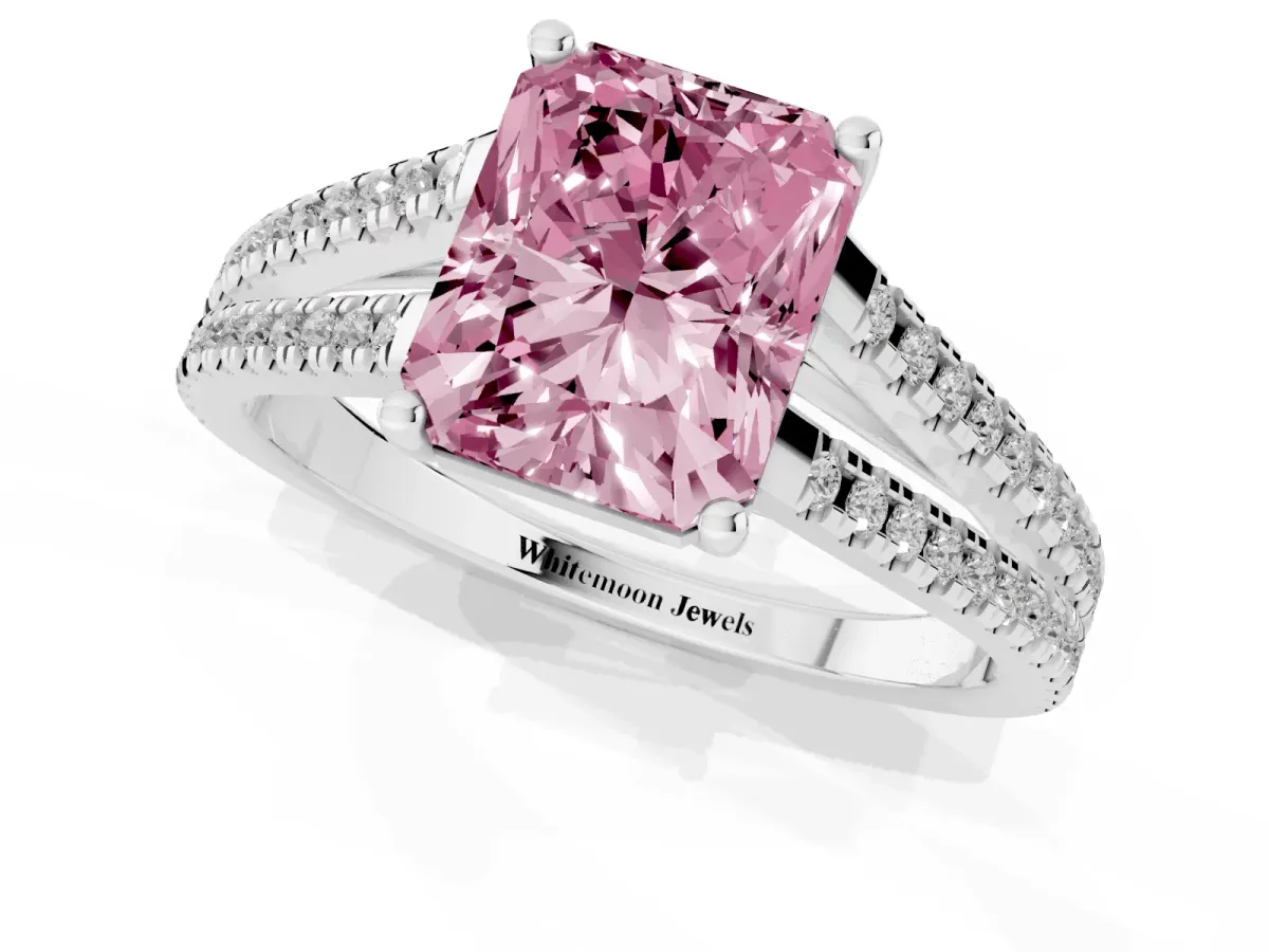 Fancy Pink Radiant Cut Diamond Solitaire Engagement Ring with Split Shank Pavé Band Silver
