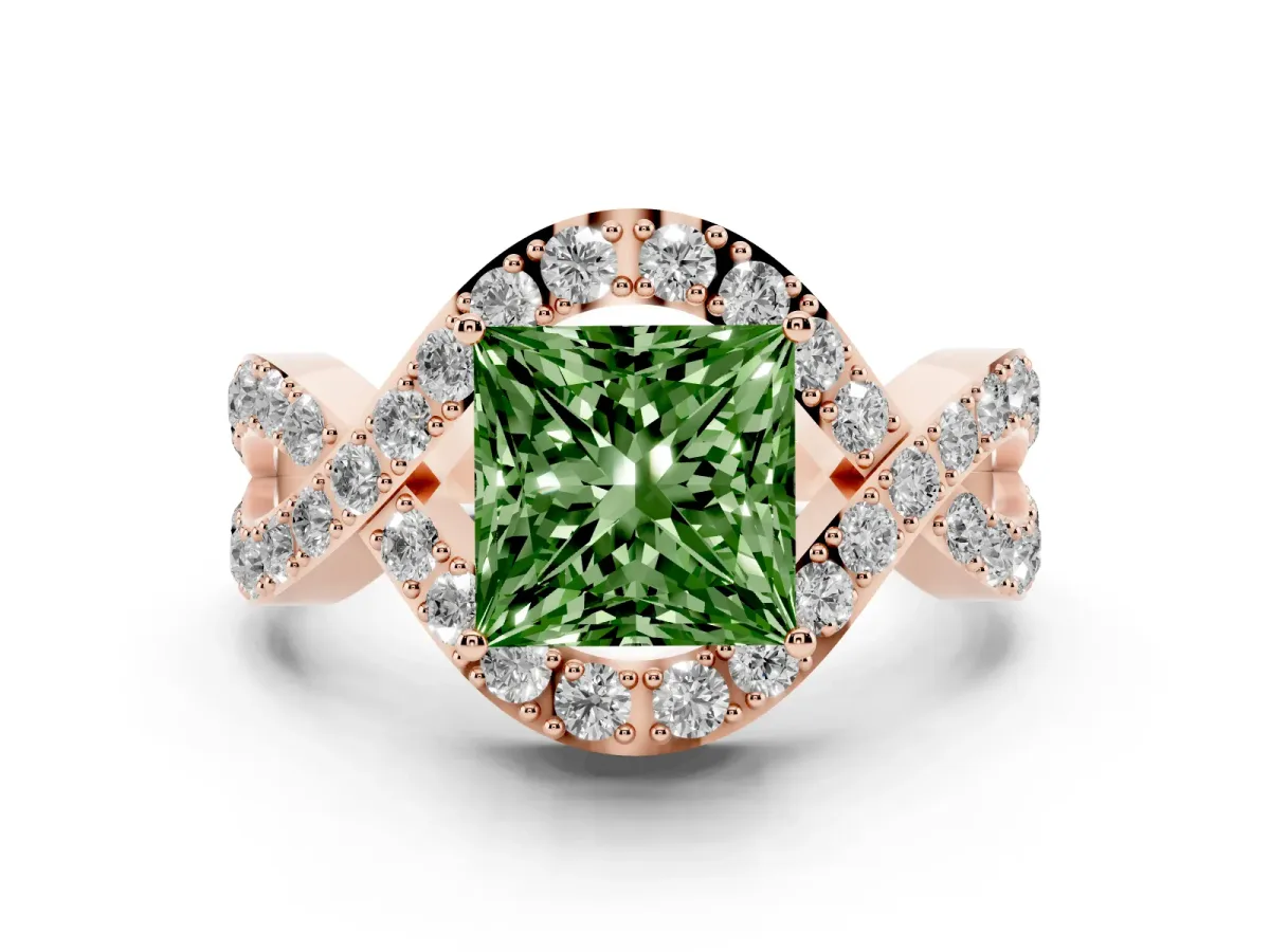 Fancy Green Princess Cut Solitaire Twist Band Pavé Diamond Engagement Ring Rose gold