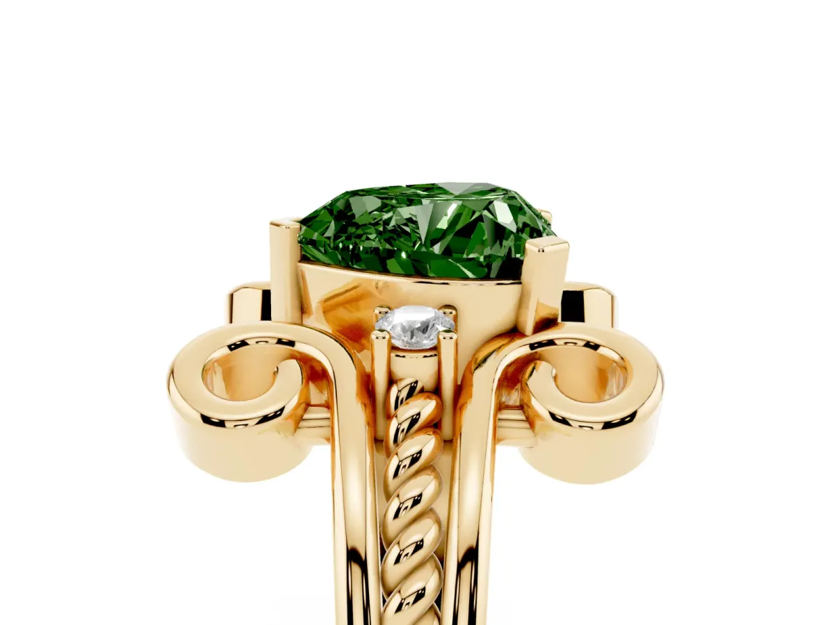 Fancy Green Heart Cut Solitaire Twisted Band Scroll Prong Ring Yellow gold