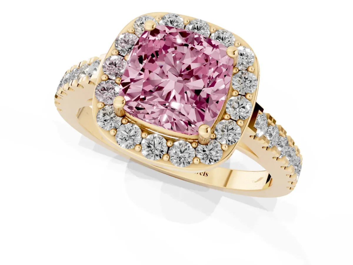Fancy Pink Cushion Cut Diamond Halo Ring with Round Pavé Split Shank and Prong Setting Yellow gold