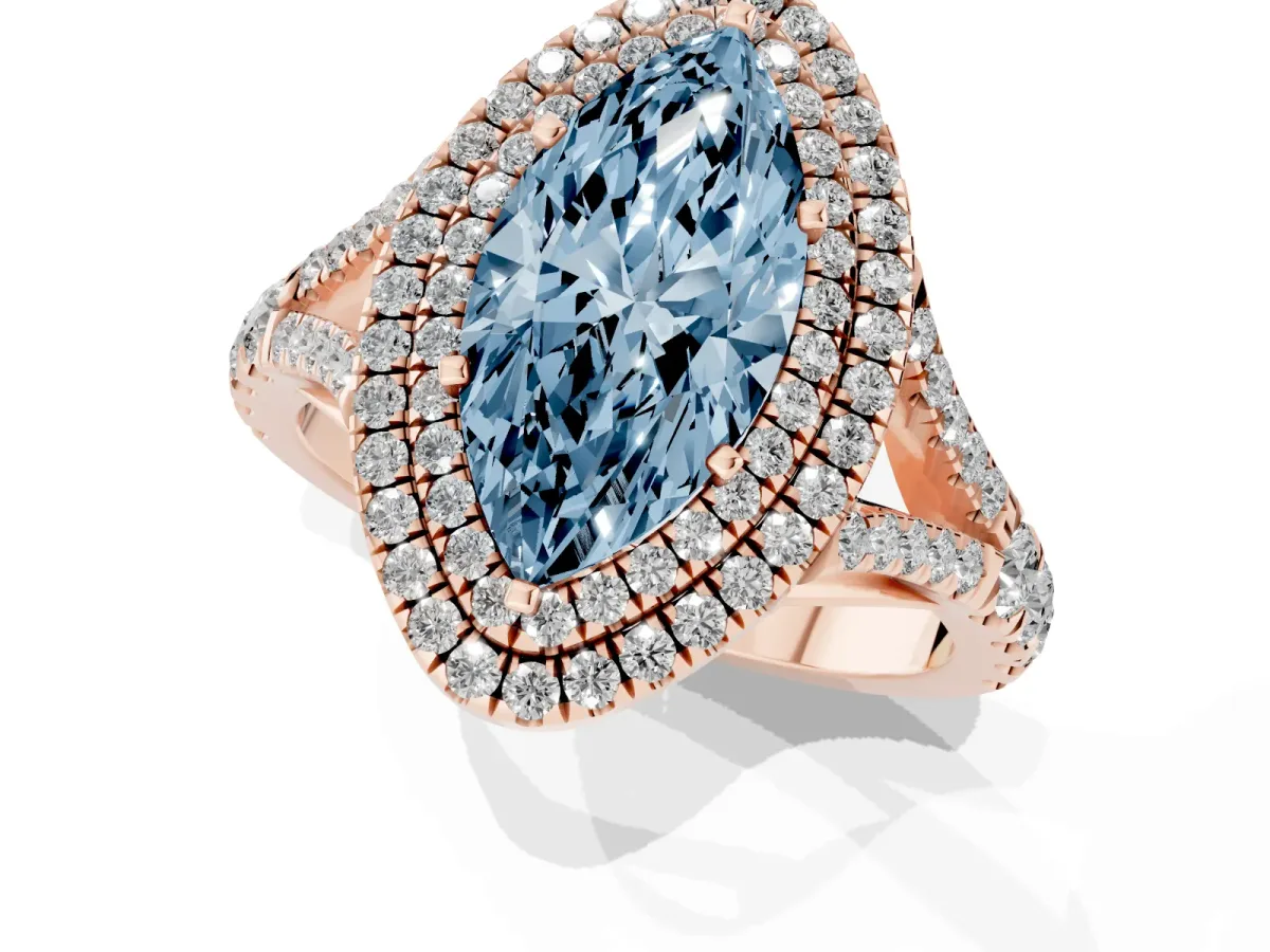 Fancy Blue Marquise Cut Diamond Pavé Split Shank Double Halo Engagement Ring Rose gold