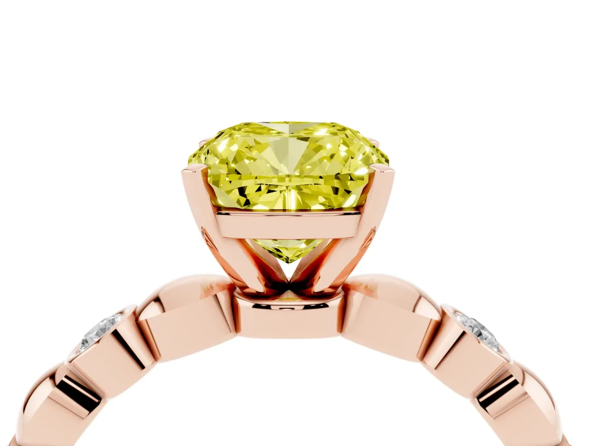 Fancy Yellow Cushion Cut Solitaire Bezel-Set Diamond Ring with Beaded Band and Four-Prong Setting Rose gold