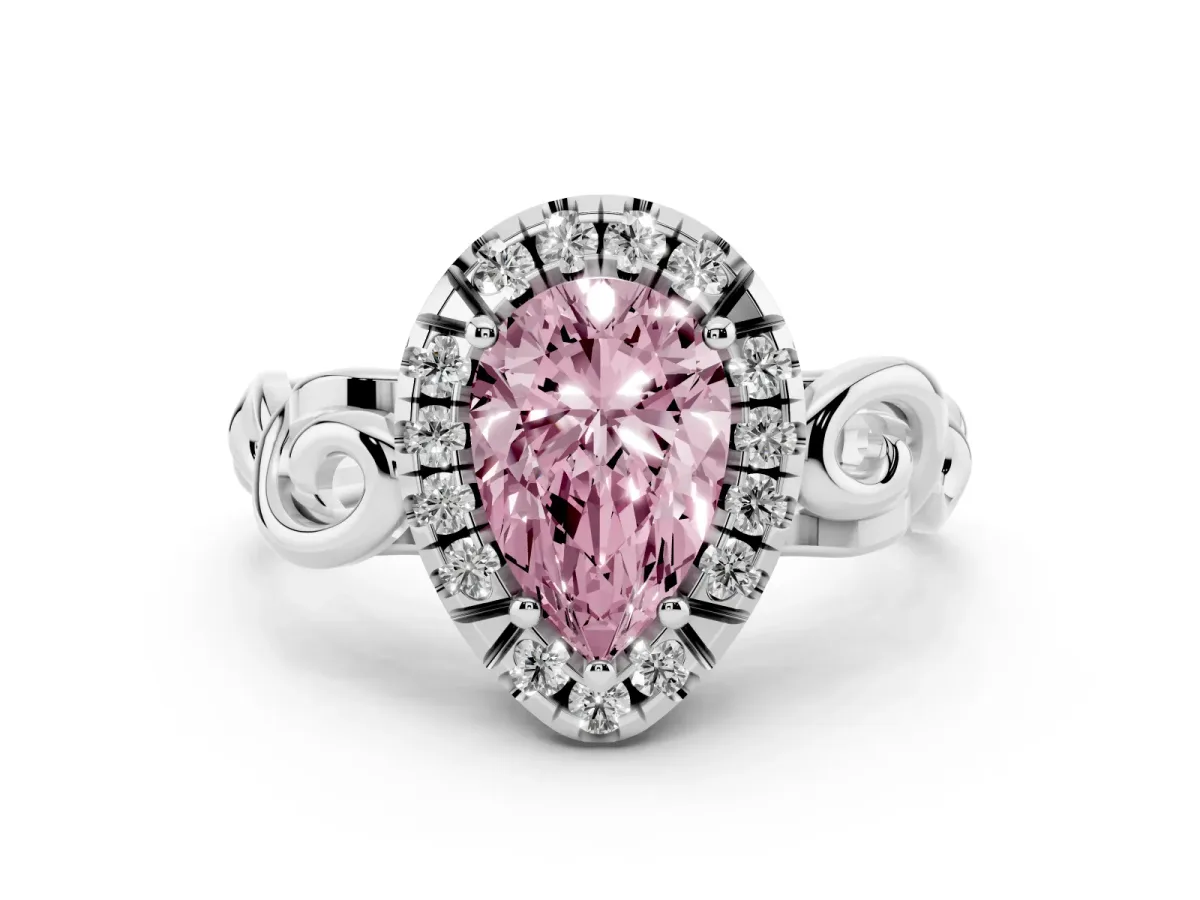 Fancy Pink Pear Cut Cut Halo Diamond Ring with Scrollwork Band and Four-Prong Setting Silver
