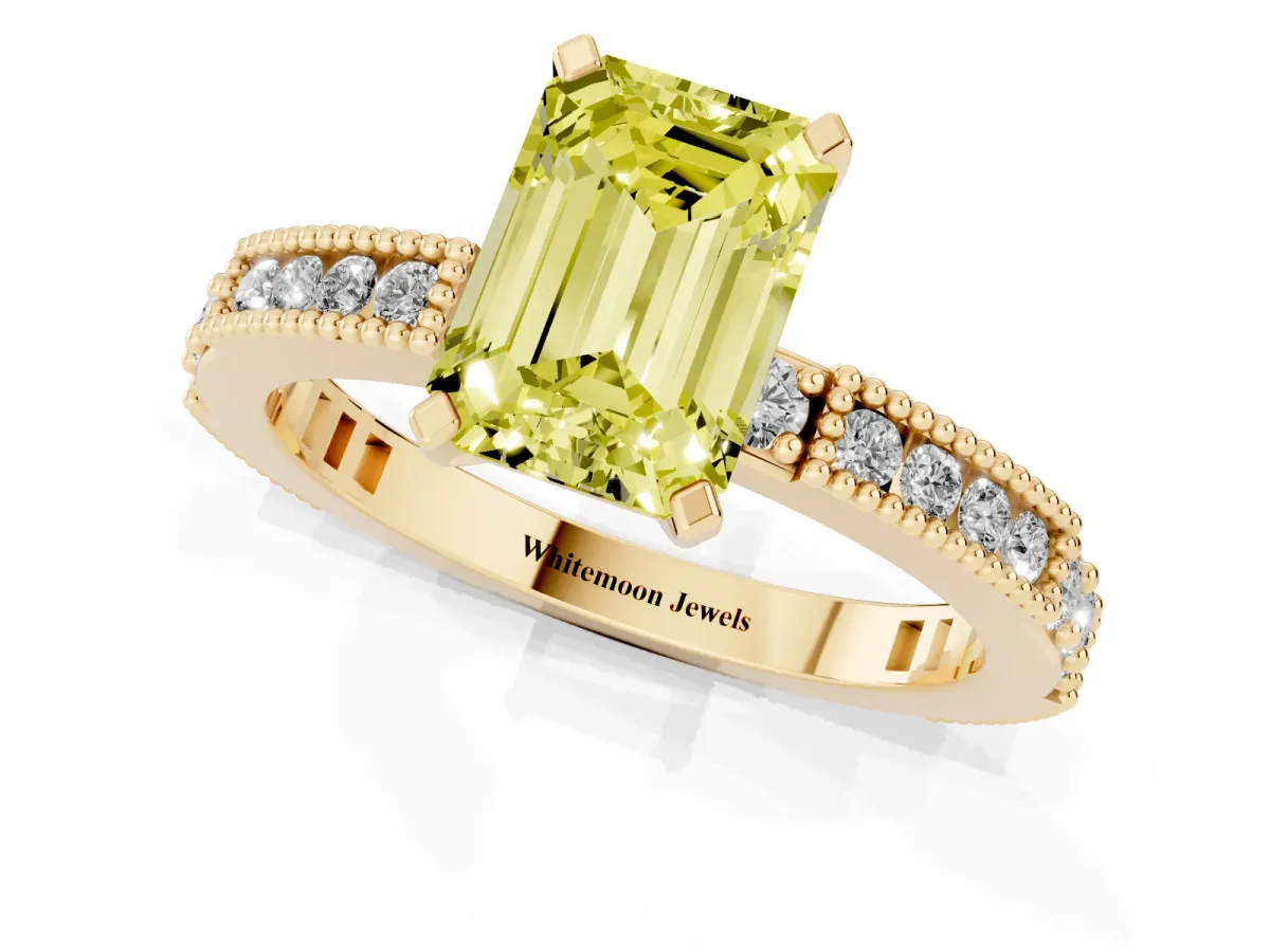 Fancy Yellow Emerald Cut Solitaire with Pavé Band and Four-Prong Setting Yellow gold
