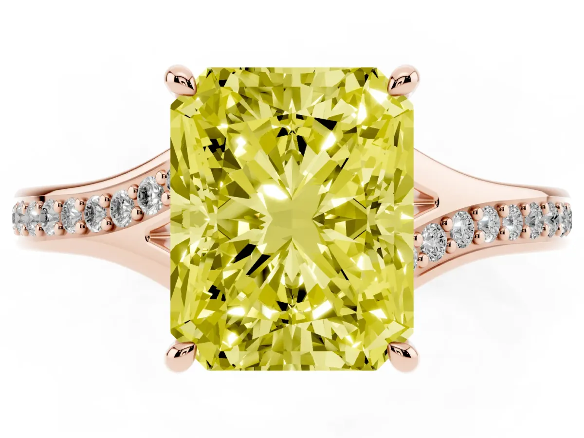 Fancy Yellow Radiant Cut Diamond Solitaire Ring with Pavé Band and Prong Setting Rose gold