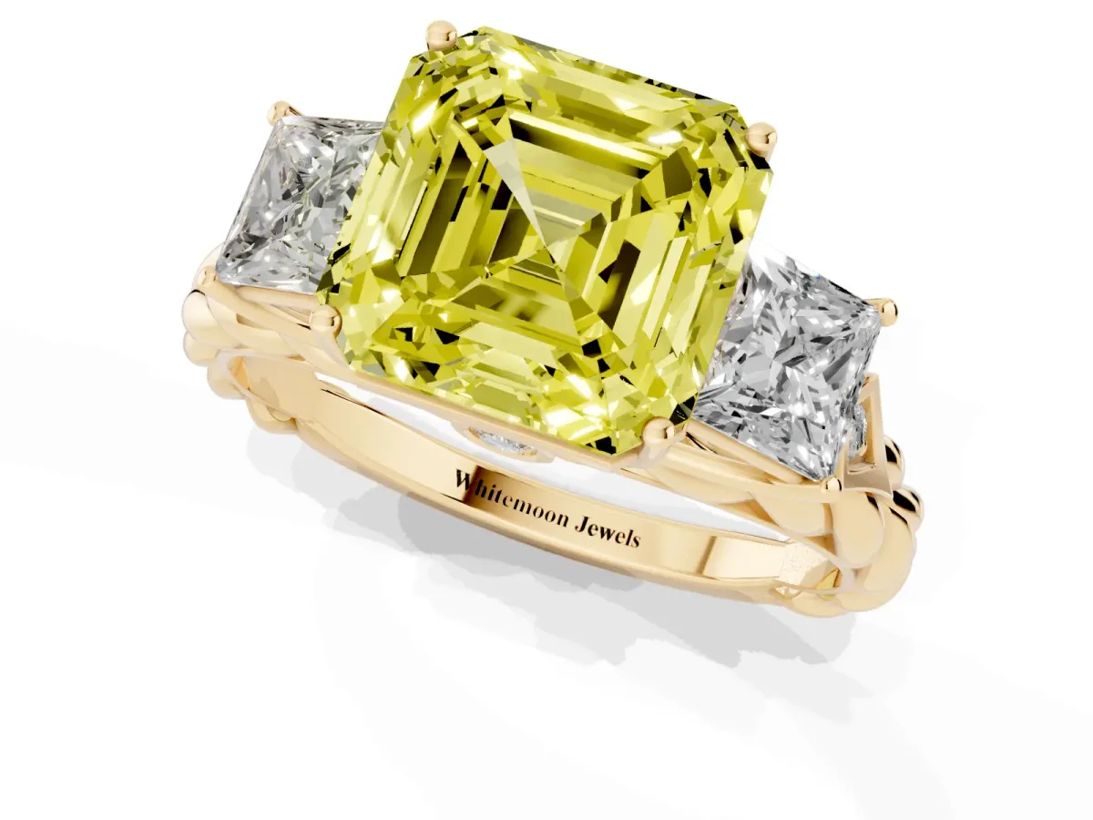 Fancy Yellow Three-Stone Asscher Cut Diamond Braided Band Ring with Four-Prong Setting Yellow gold