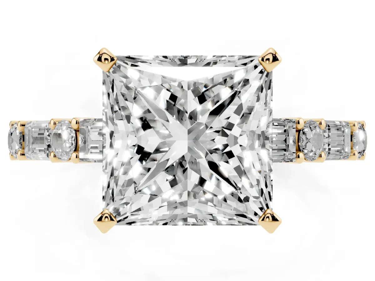 Princess Cut Diamond Solitaire with Side Baguettes and Channel Set Band Yellow gold