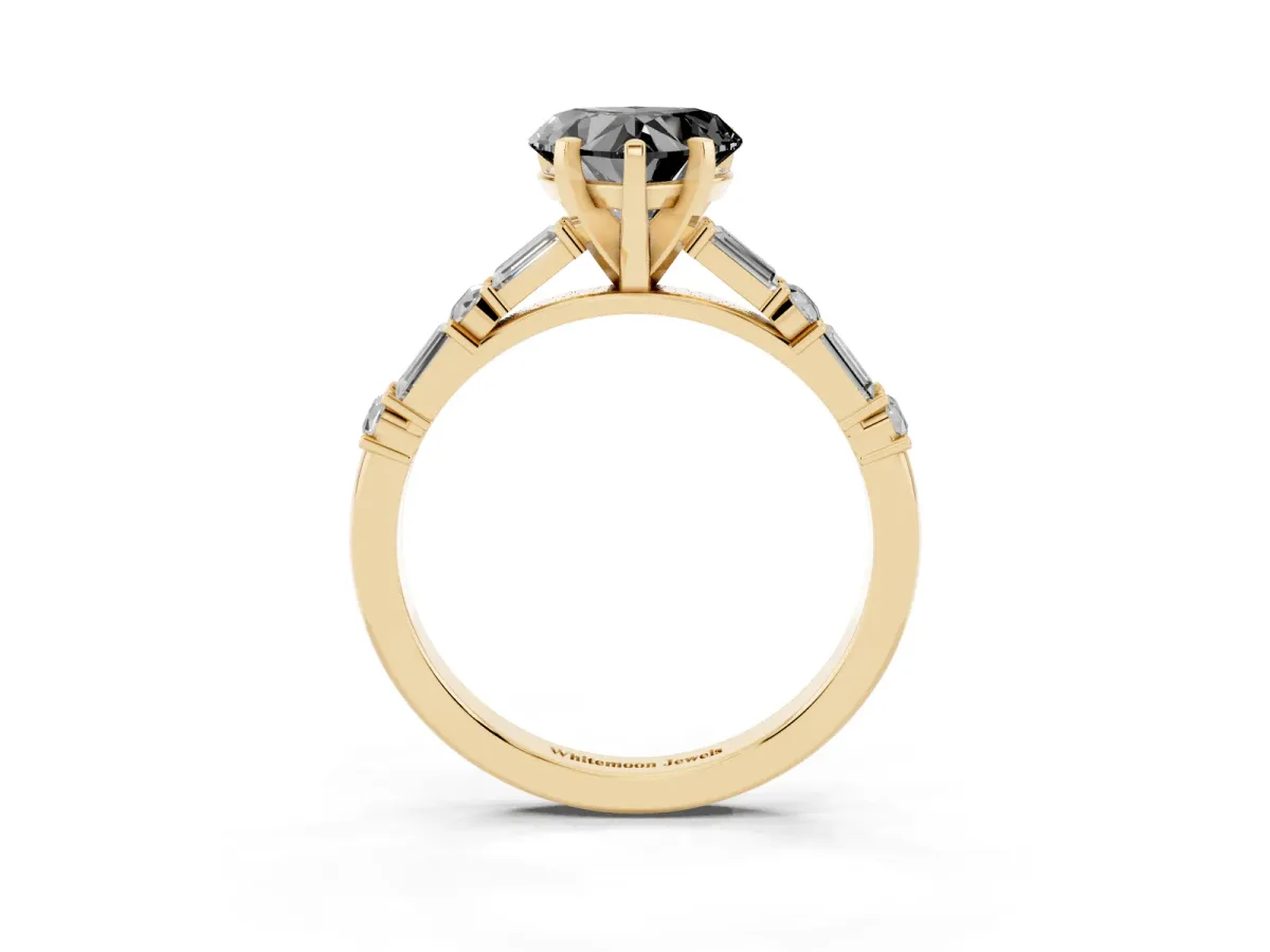Fancy Black Heart Cut Diamond Solitaire with Side Baguettes and Channel Set Band Yellow gold