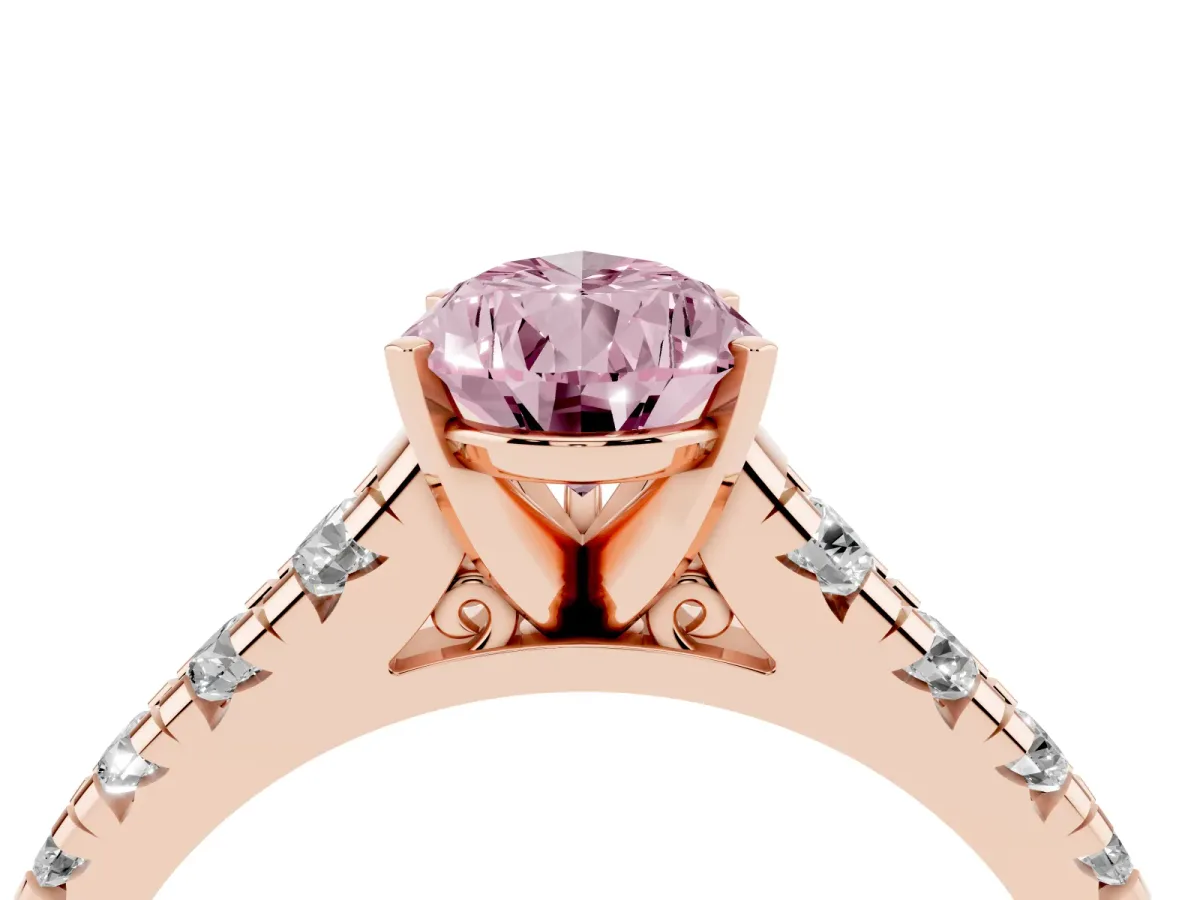 Fancy Pink Pear Cut Diamond Cathedral Solitaire Ring with Round Pavé Band Rose gold