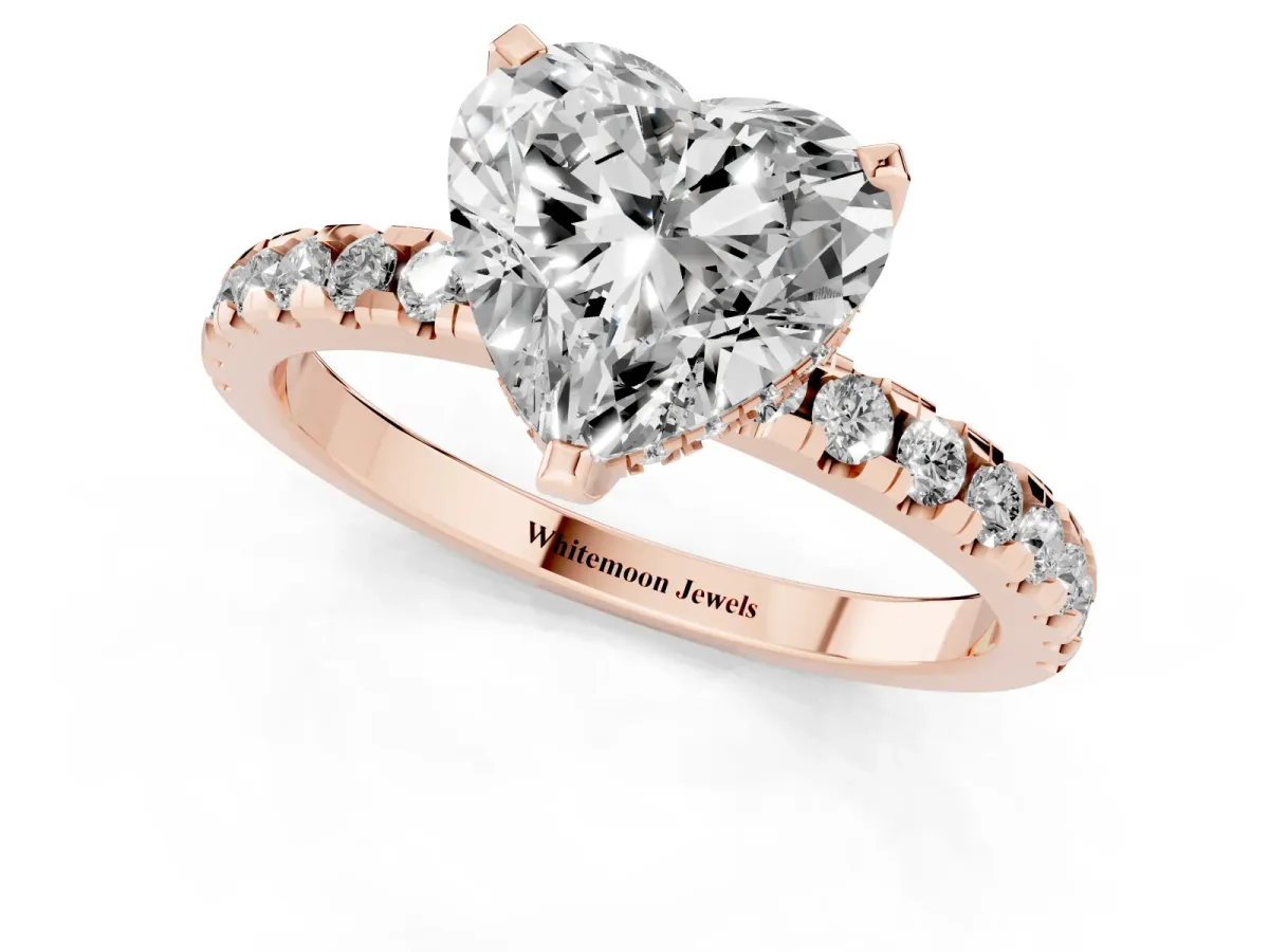 Heart Cut Diamond Solitaire Ring with Round Pavé Band and Four-Prong Setting Rose gold