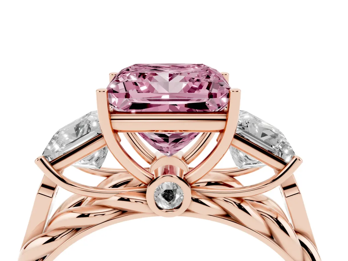 Fancy Pink Three-Stone Princess Cut Diamond Braided Band Ring with Four-Prong Setting Rose gold