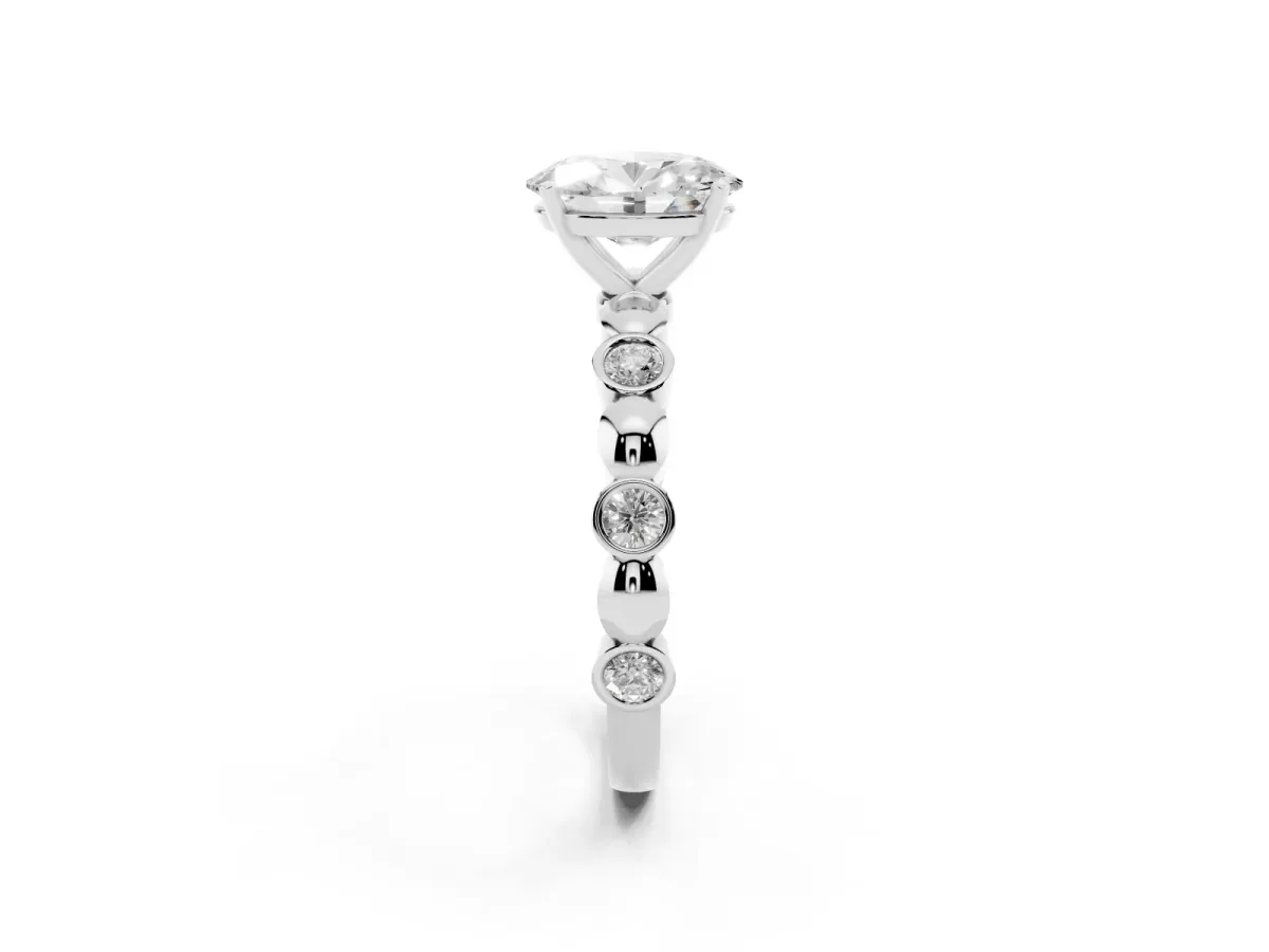 Oval Cut Solitaire Bezel-Set Diamond Ring with Beaded Band and Four-Prong Setting Platinum