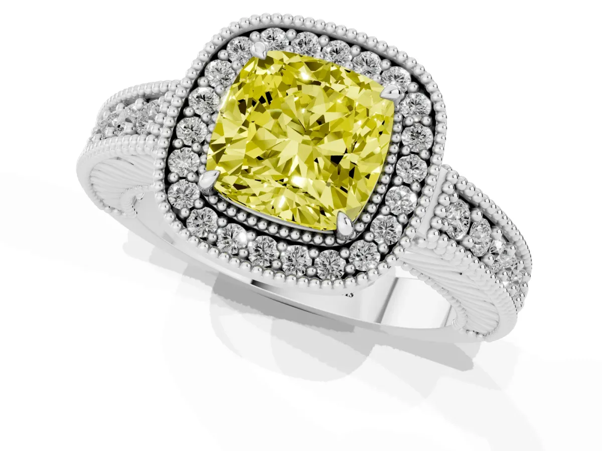 Fancy Yellow Cushion Cut Cut Halo Diamond Ring with Pavé Band and Four-Prong Setting White gold