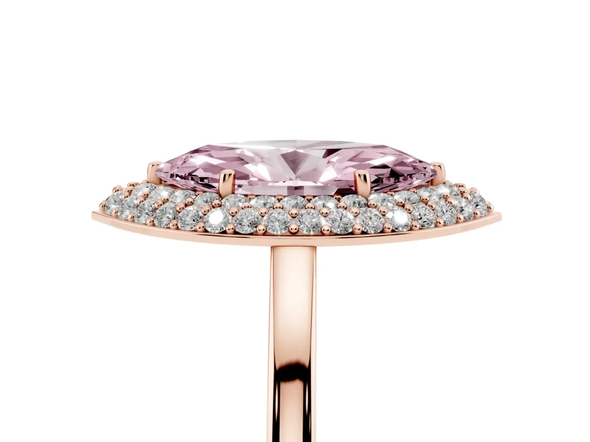 Fancy Pink Marquise Cut Halo Diamond Engagement Ring with Solitaire Band and Four-Prong Setting Rose gold