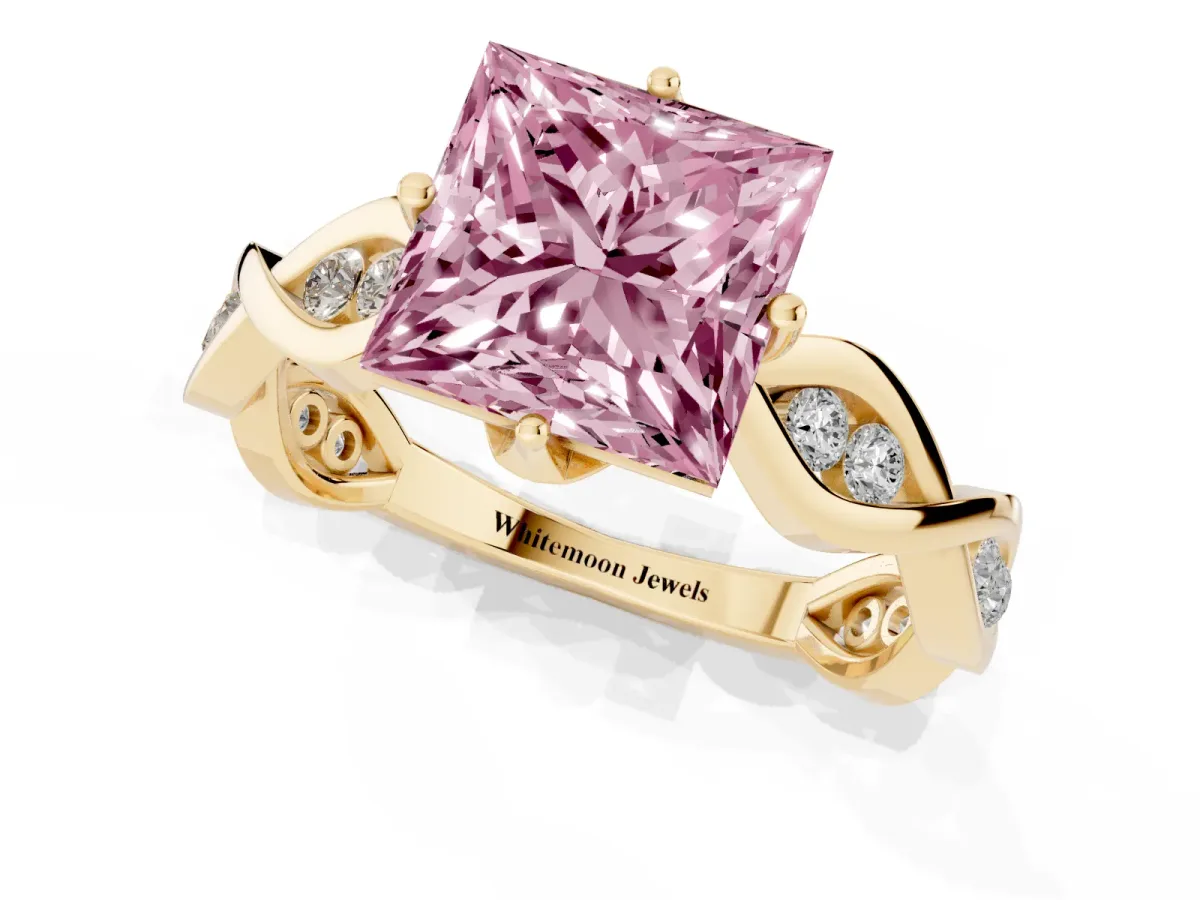Fancy Pink Princess Cut Solitaire Twist Band with Leaf Prong Setting Yellow gold