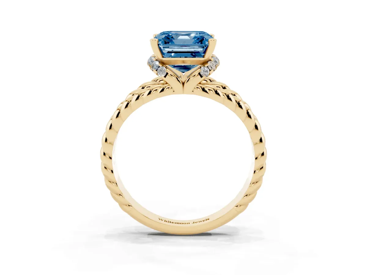 Fancy Blue Asscher Cut Halo Twisted Band Four-Prong Ring Yellow gold