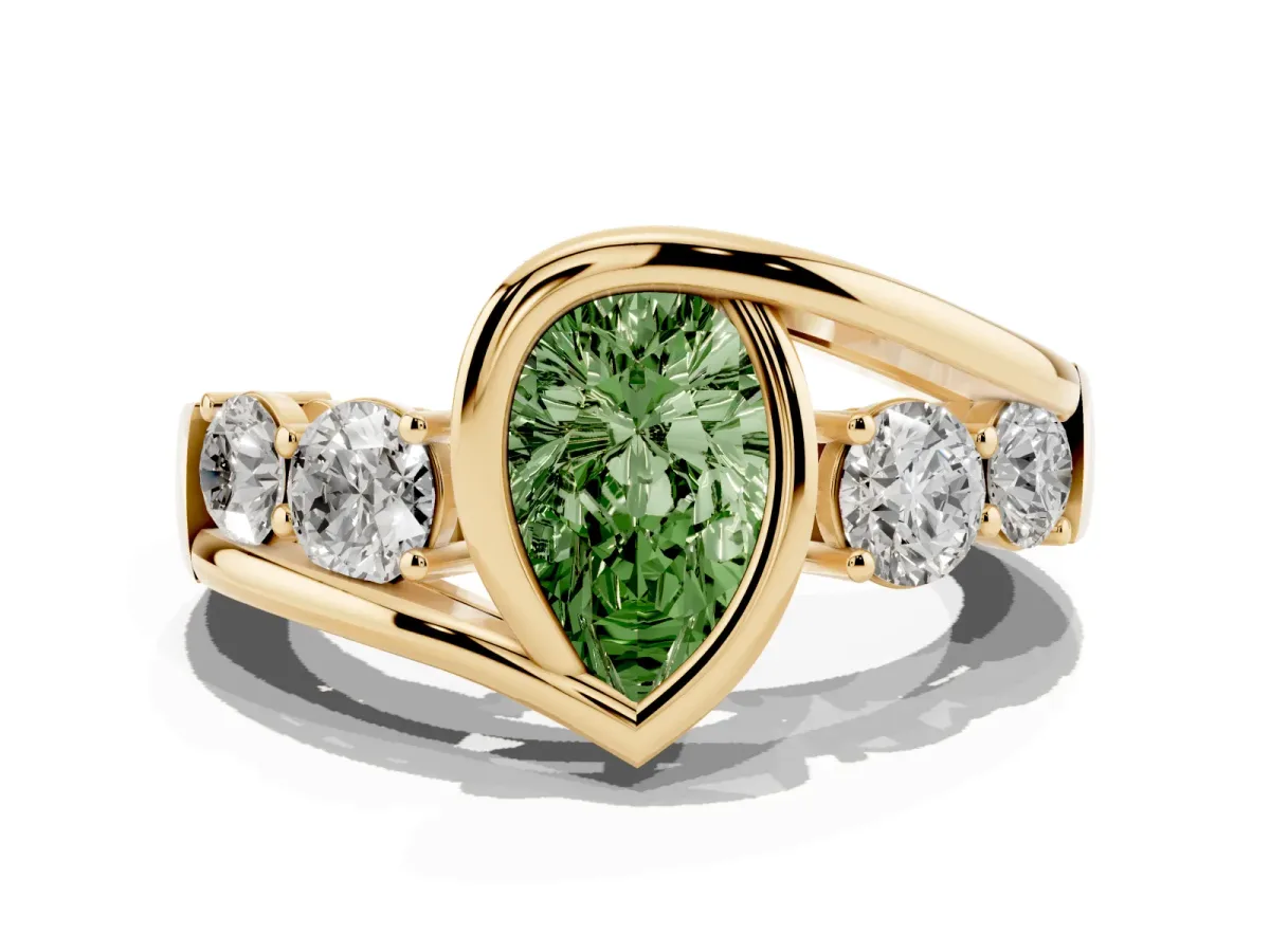 Fancy Green Bezel Set Pear Cut Diamond Bypass Ring with Round Accents Yellow gold