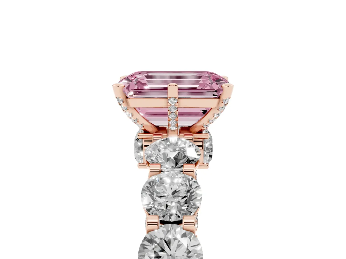 Fancy Pink Emerald Cut Diamond Side Stone Engagement Ring with Four-Prong Setting Rose gold