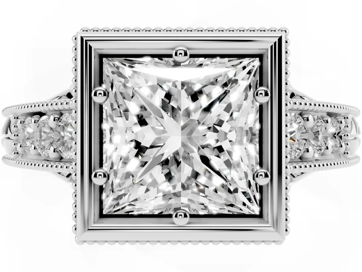 Bezel Set Princess Cut Diamond Milgrain Pave Engagement Ring Silver