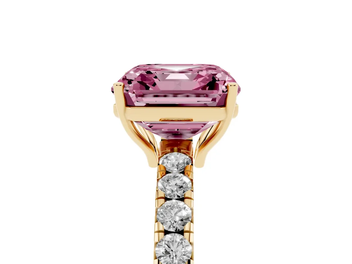 Fancy Pink Asscher Cut Diamond Pavé Solitaire Engagement Ring with Four-Prong Setting Yellow gold