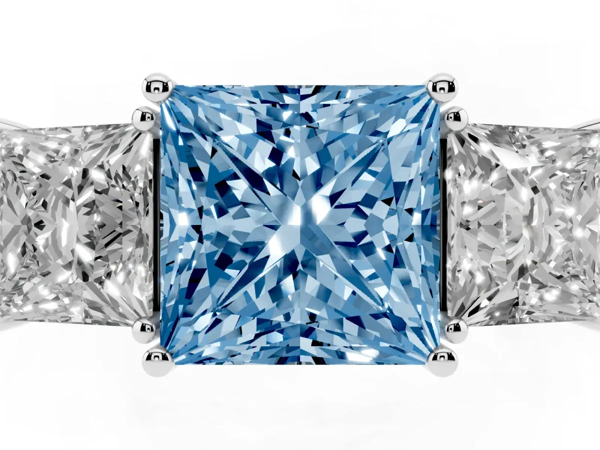 Fancy Blue Three-Stone Princess Cut Cut Diamond Engagement Ring with Flat Band and Four-Prong Setting Silver