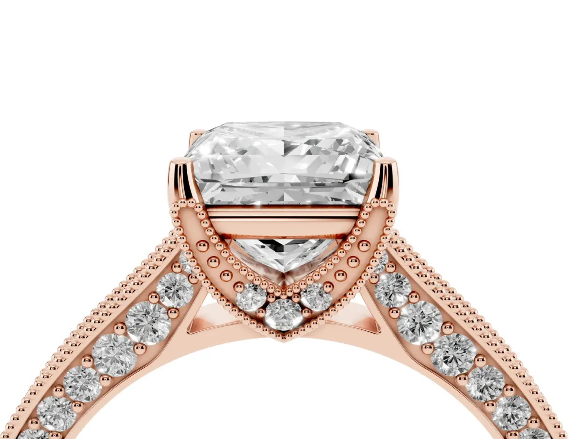 Princess Cut Cut Diamond Solitaire Ring with Milgrain Pave Band and Four Prong Setting Rose gold