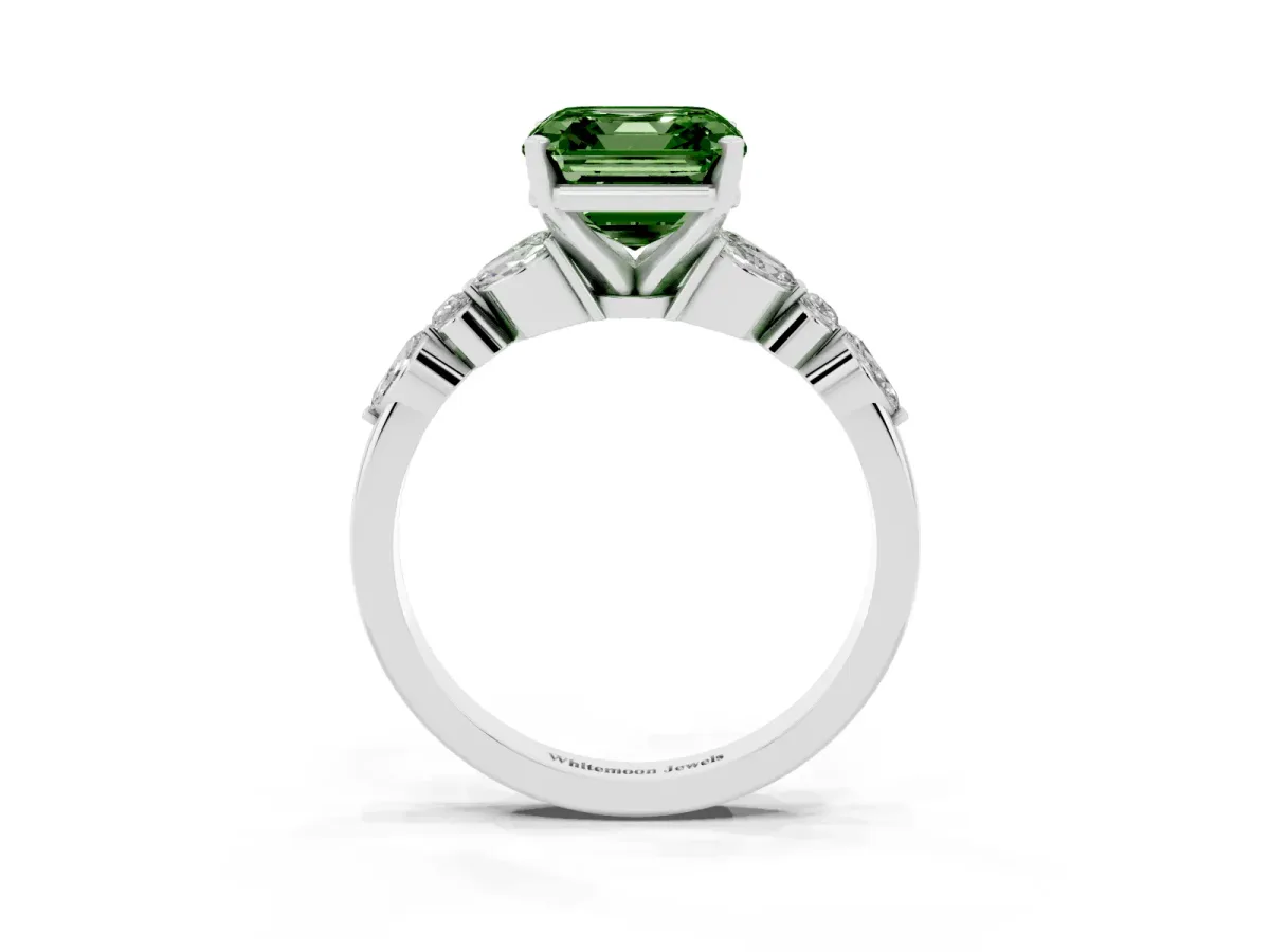Fancy Green Asscher Cut Diamond Solitaire Ring with Side Stones and Four-Prong Setting Silver