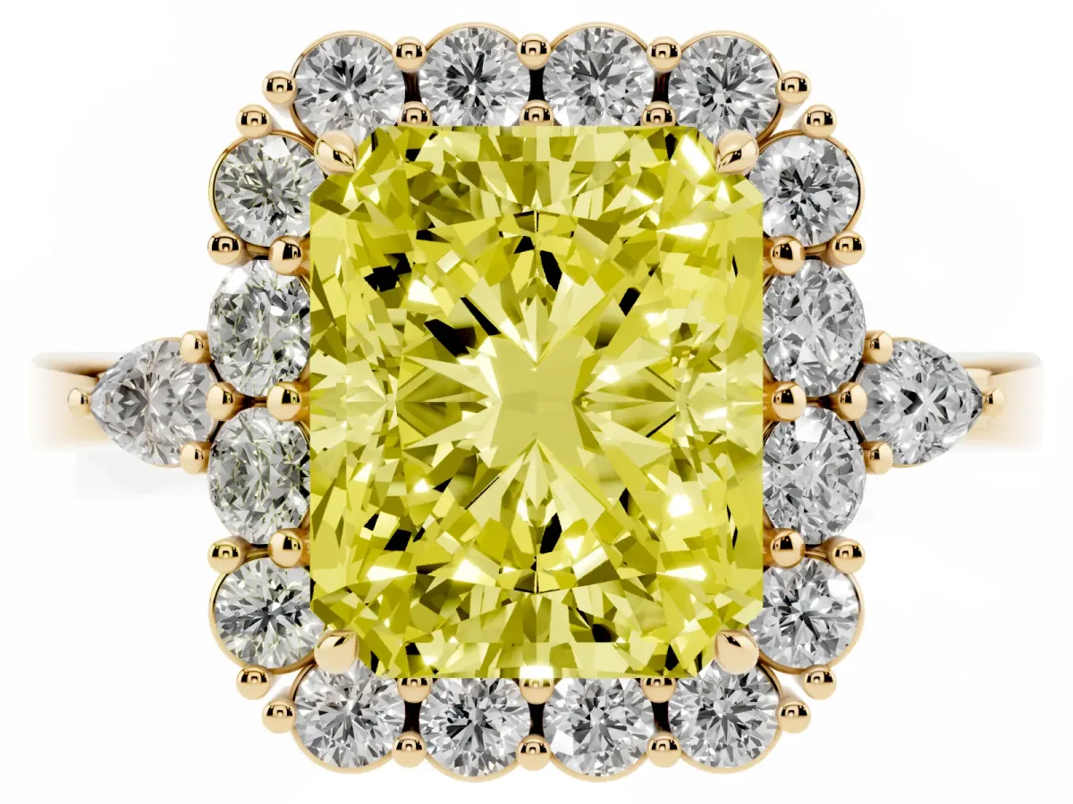 Fancy Yellow Radiant Cut Diamond Halo Ring with Pear Side Stones and Prong Setting Yellow gold