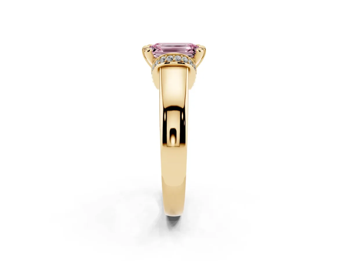 Fancy Pink Emerald Cut Solitaire Diamond Ring with Pave Band and Six-Prong Setting Yellow gold