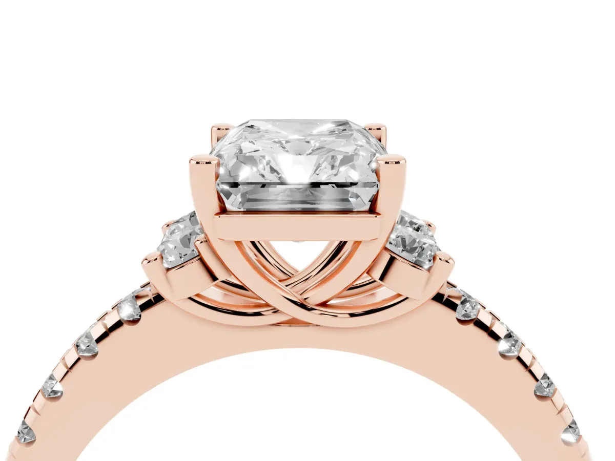 Radiant Cut Diamond Three-Stone Pave Band with Four-Prong Setting Rose gold