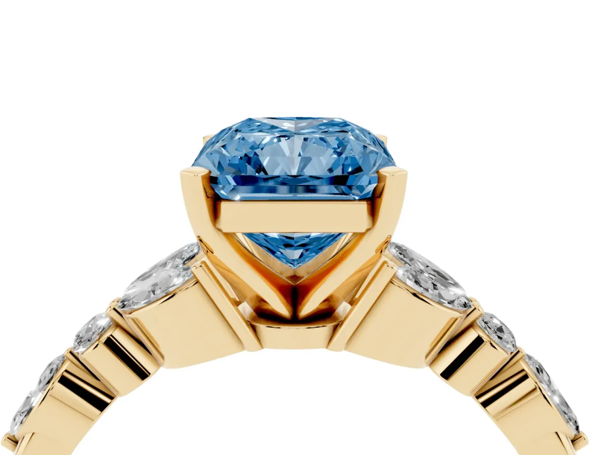 Fancy Blue Radiant Cut Diamond Solitaire Ring with Side Stones and Four-Prong Setting Yellow gold