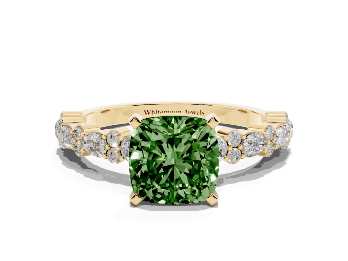 Fancy Green Cushion Cut Diamond Side Stone Solitaire Ring with Round and Four-Prong Setting Yellow gold